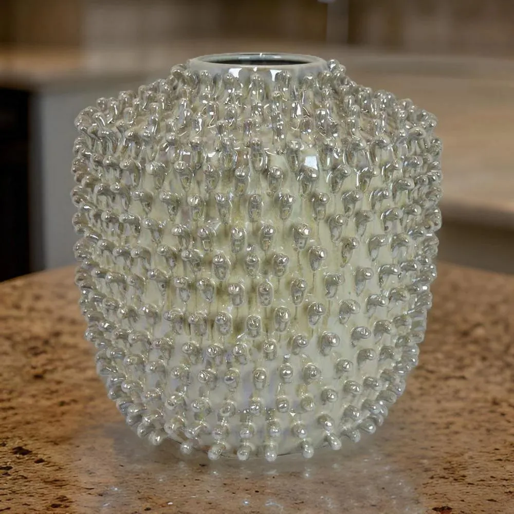 12 Inch Accent Vase Modern Studded Accents Distressed Gray Ceramic Finish