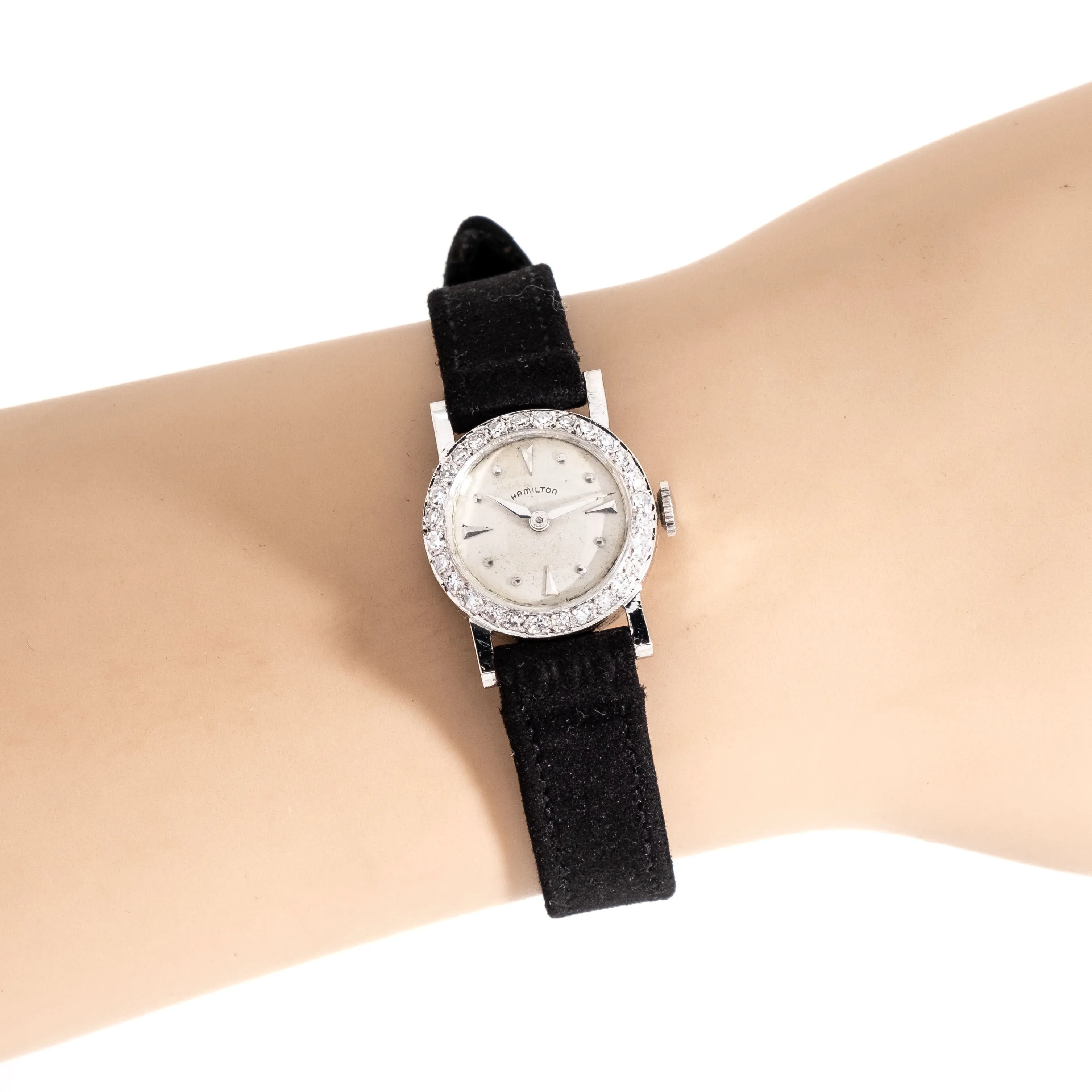 1960's Vintage Hamilton Ladies Solid 14k White Gold & Diamonds Watch (# 14882)