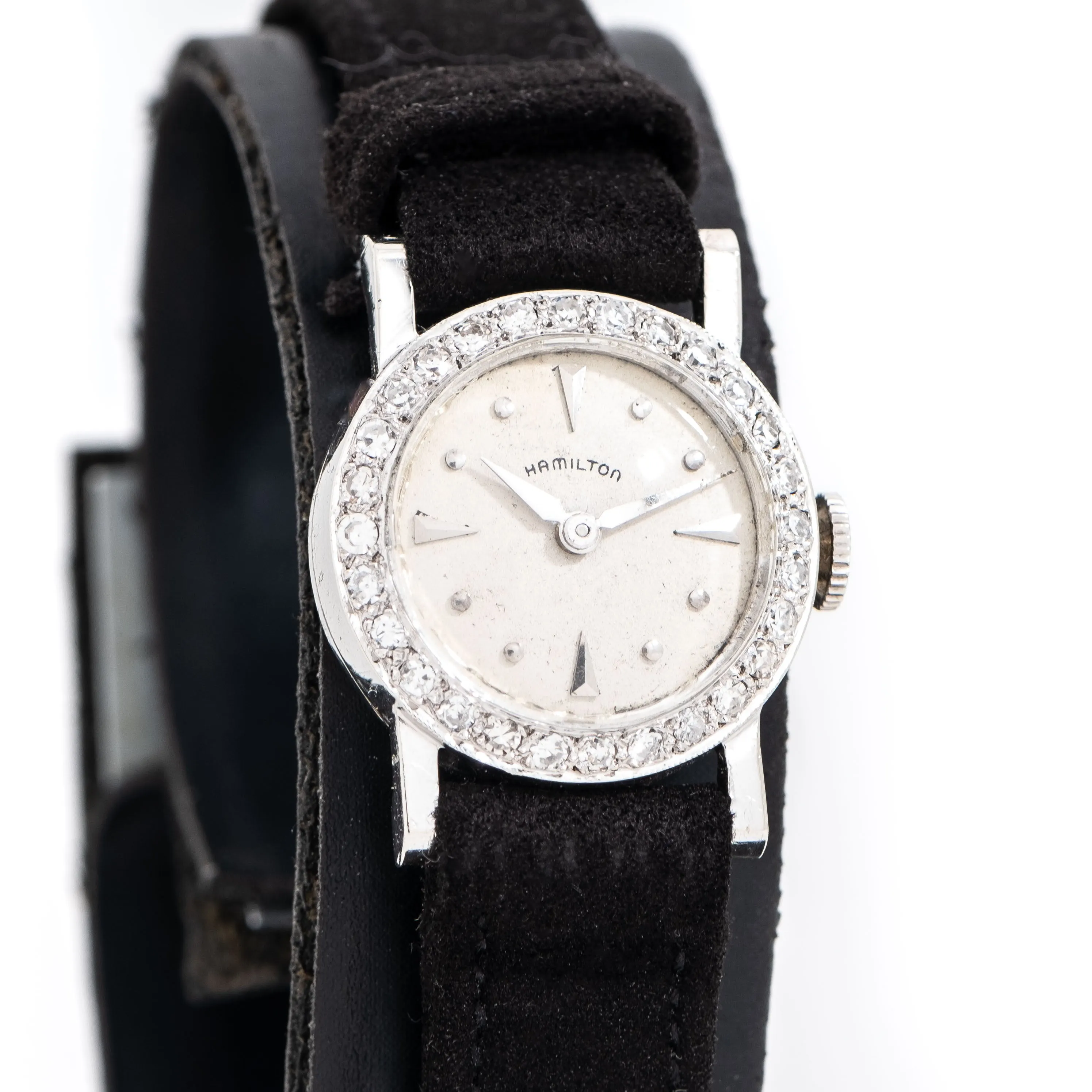 1960's Vintage Hamilton Ladies Solid 14k White Gold & Diamonds Watch (# 14882)