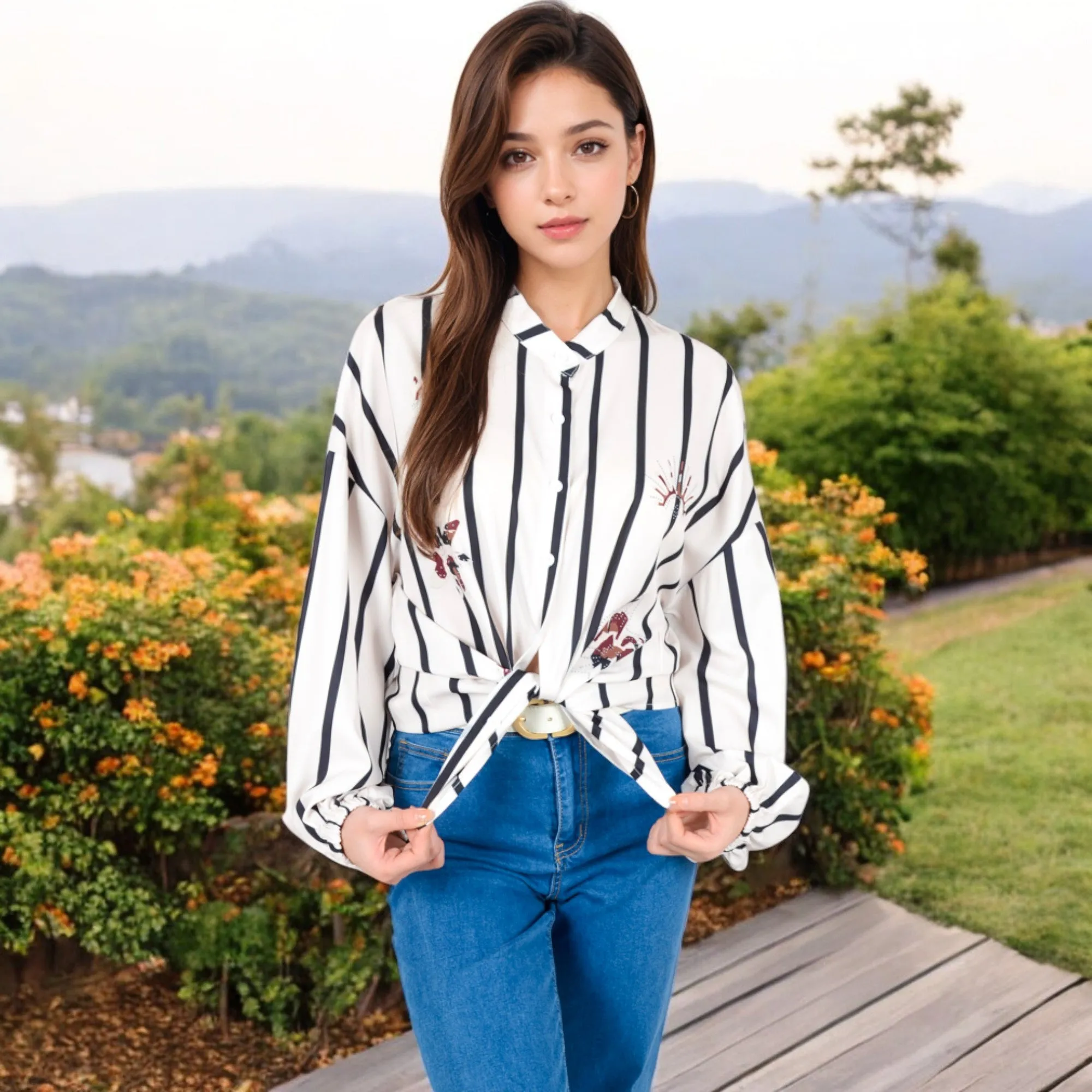 Anna-Kaci Women's Striped Button-Up Shirt with Floral Embroidery and Balloon Sleeves