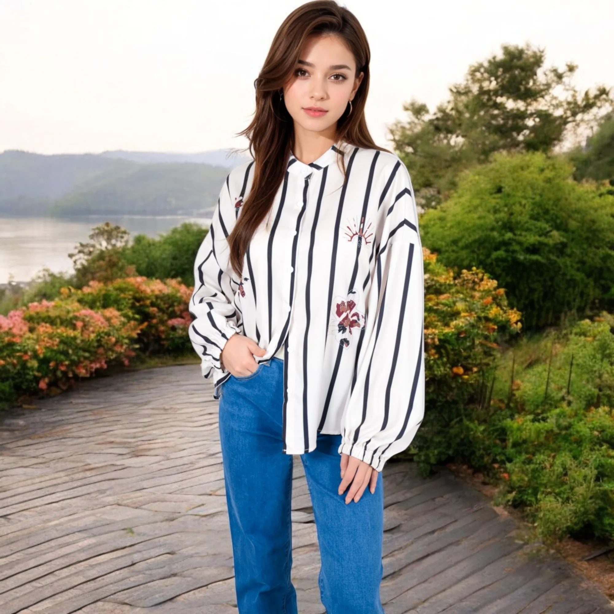 Anna-Kaci Women's Striped Button-Up Shirt with Floral Embroidery and Balloon Sleeves