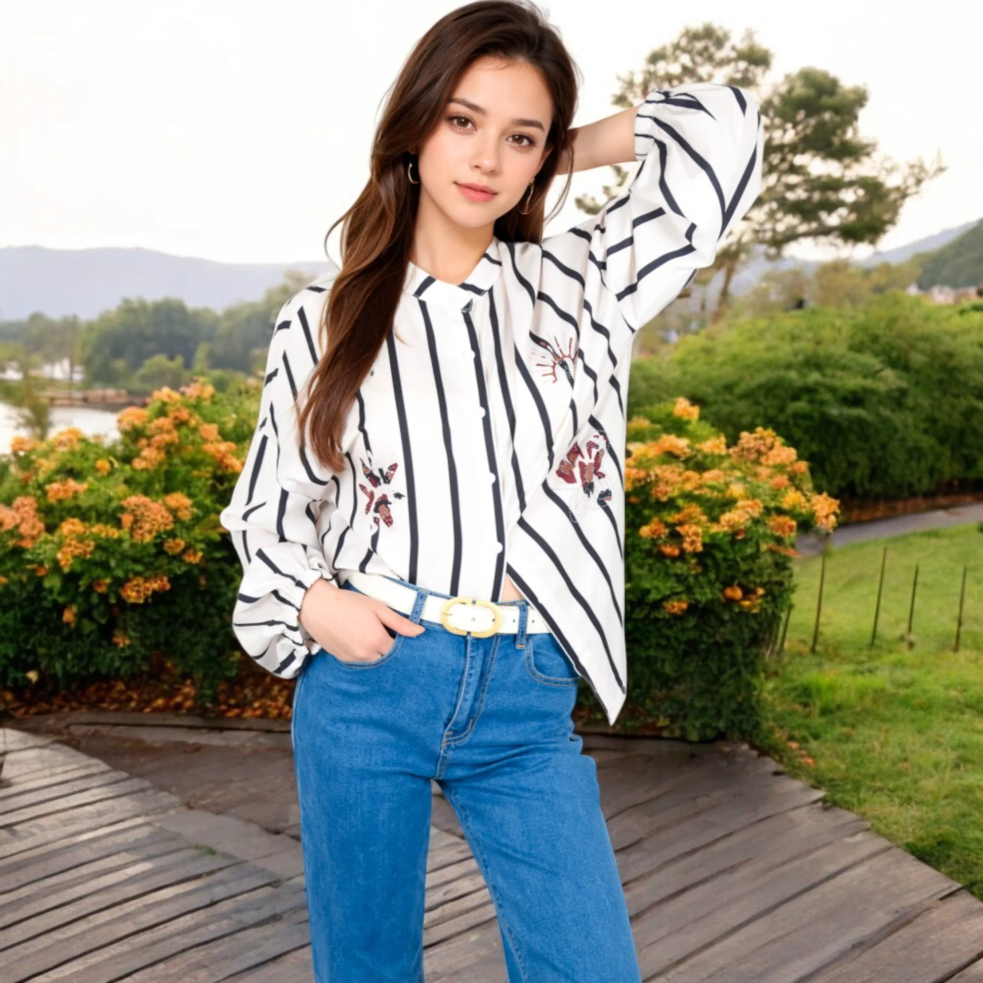 Anna-Kaci Women's Striped Button-Up Shirt with Floral Embroidery and Balloon Sleeves