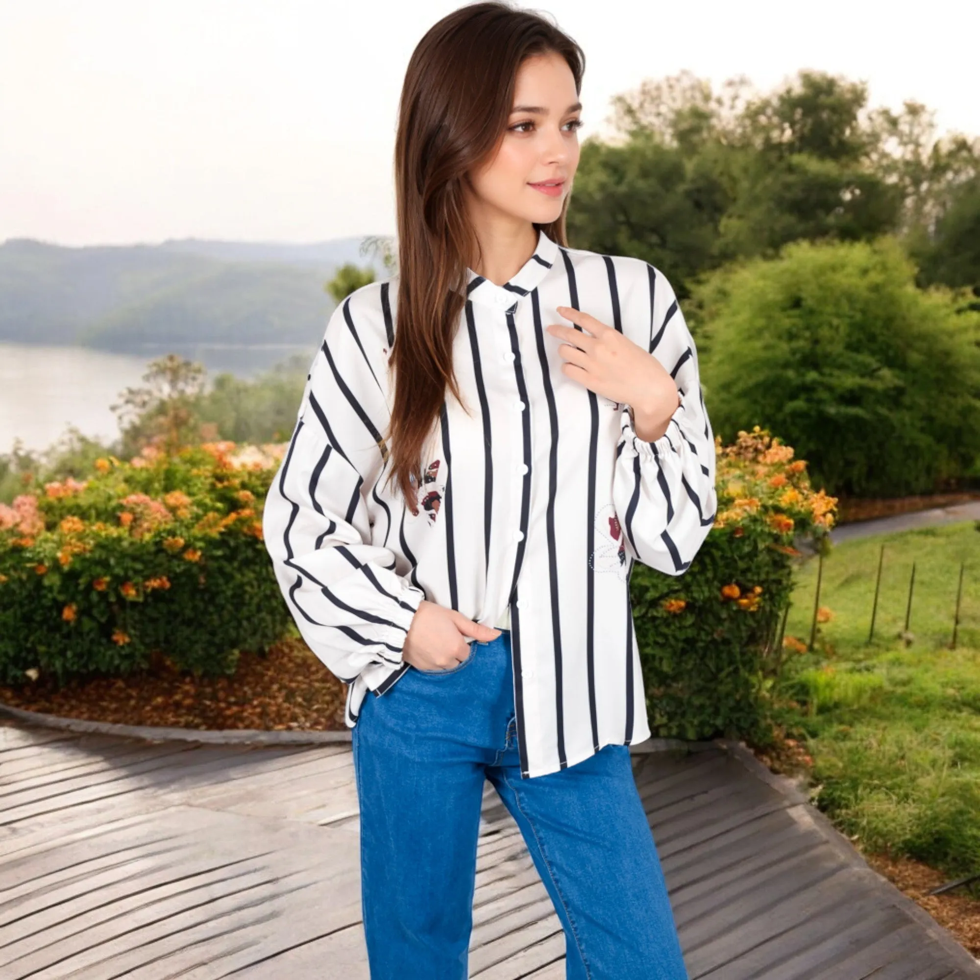 Anna-Kaci Women's Striped Button-Up Shirt with Floral Embroidery and Balloon Sleeves