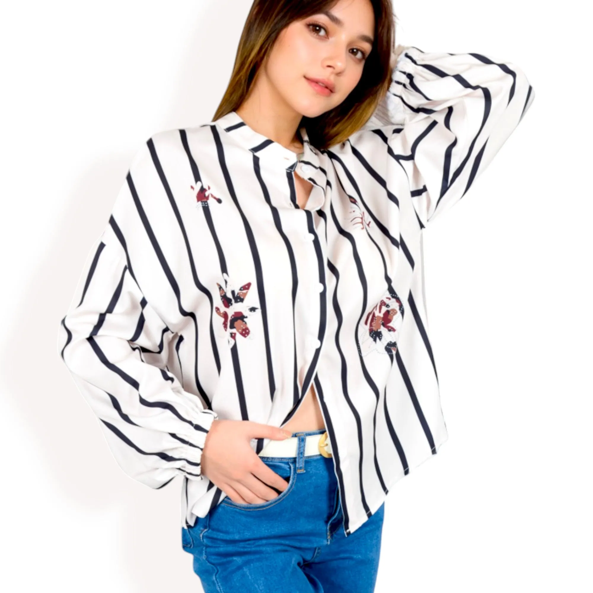 Anna-Kaci Women's Striped Button-Up Shirt with Floral Embroidery and Balloon Sleeves