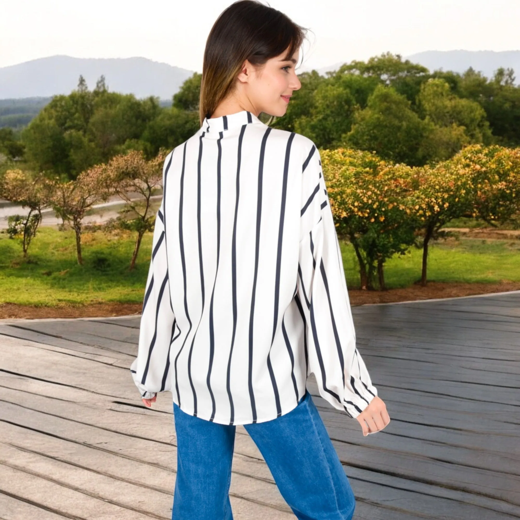 Anna-Kaci Women's Striped Button-Up Shirt with Floral Embroidery and Balloon Sleeves