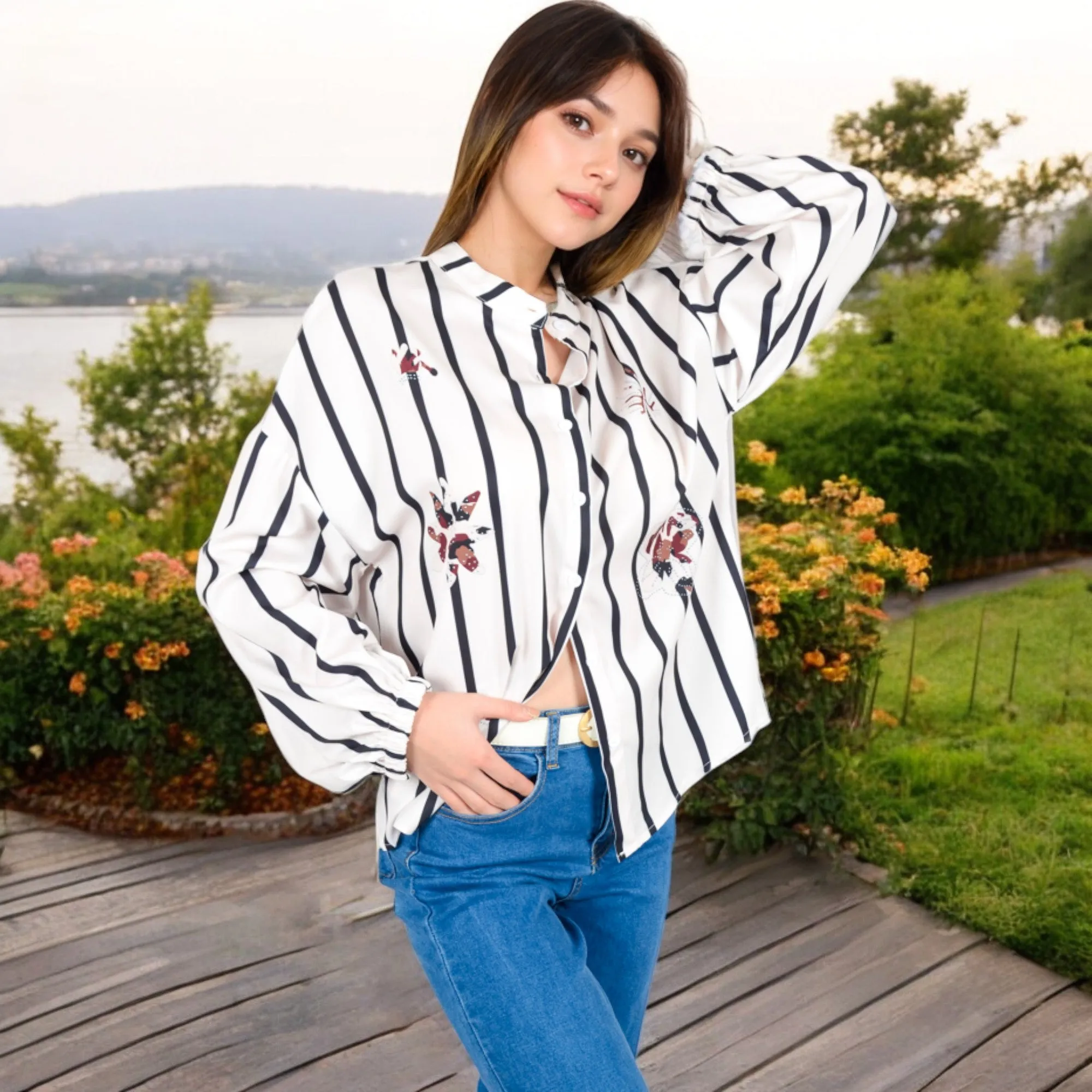 Anna-Kaci Women's Striped Button-Up Shirt with Floral Embroidery and Balloon Sleeves