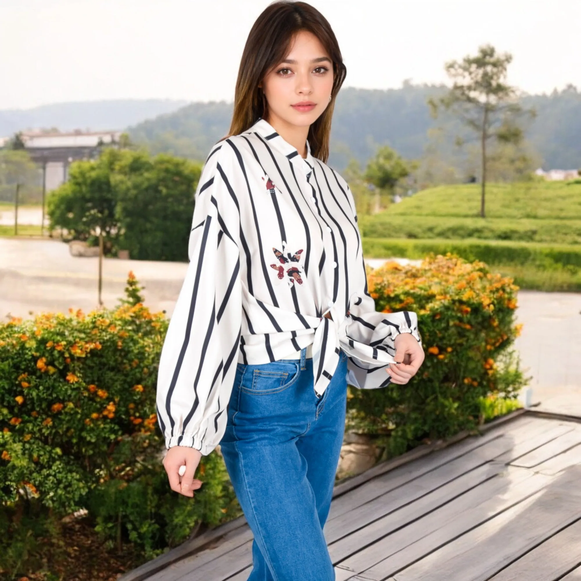 Anna-Kaci Women's Striped Button-Up Shirt with Floral Embroidery and Balloon Sleeves