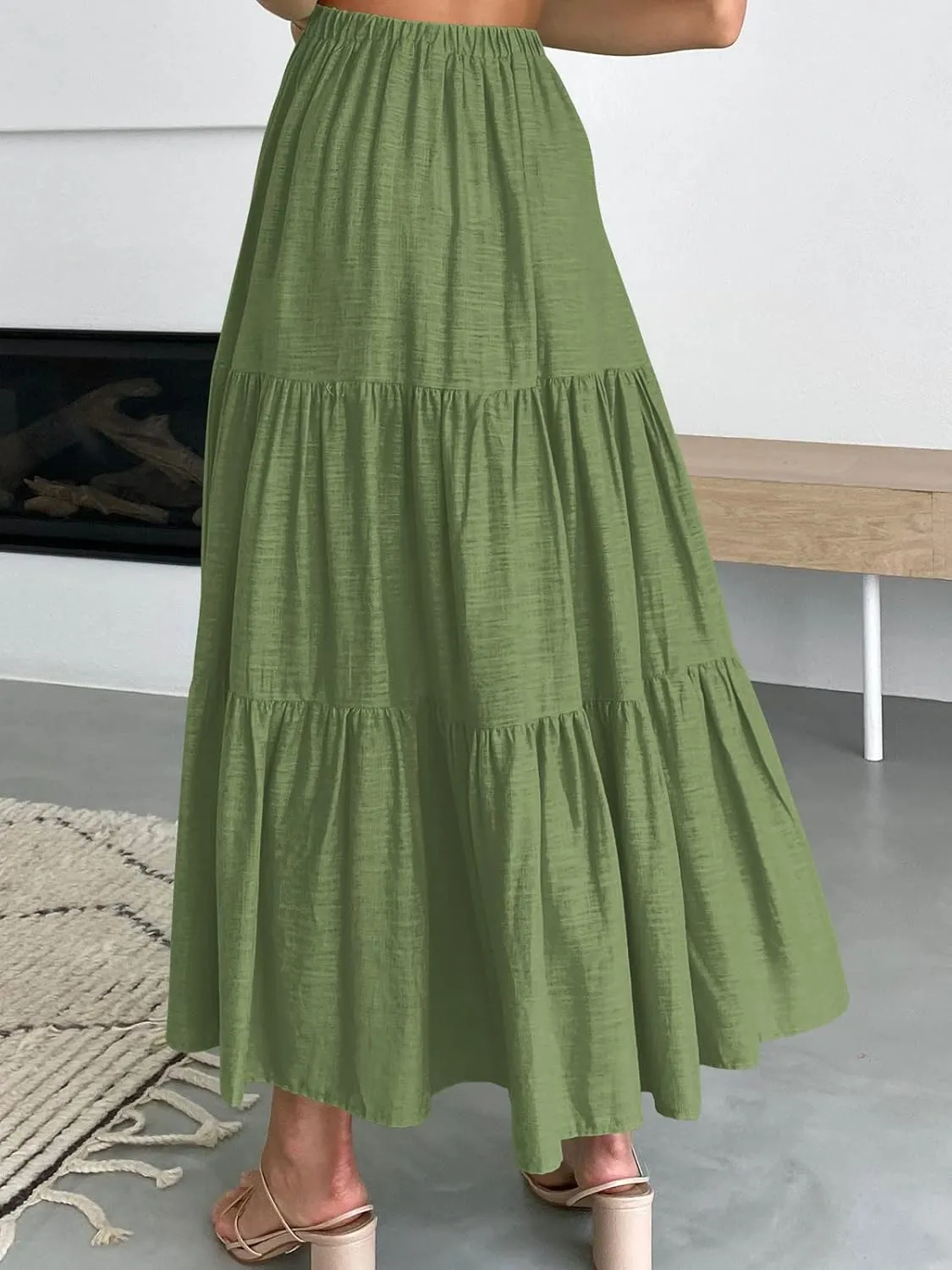 ANRABESS Womens Summer Boho Flowy Swing Tiered A-Line Maxi Skirt 2025 Fashion Trendy Elastic Waist Pleated Long Beach Dress