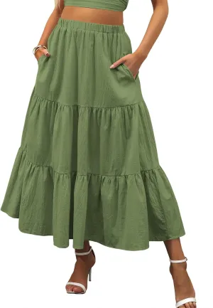 ANRABESS Womens Summer Boho Flowy Swing Tiered A-Line Maxi Skirt 2025 Fashion Trendy Elastic Waist Pleated Long Beach Dress