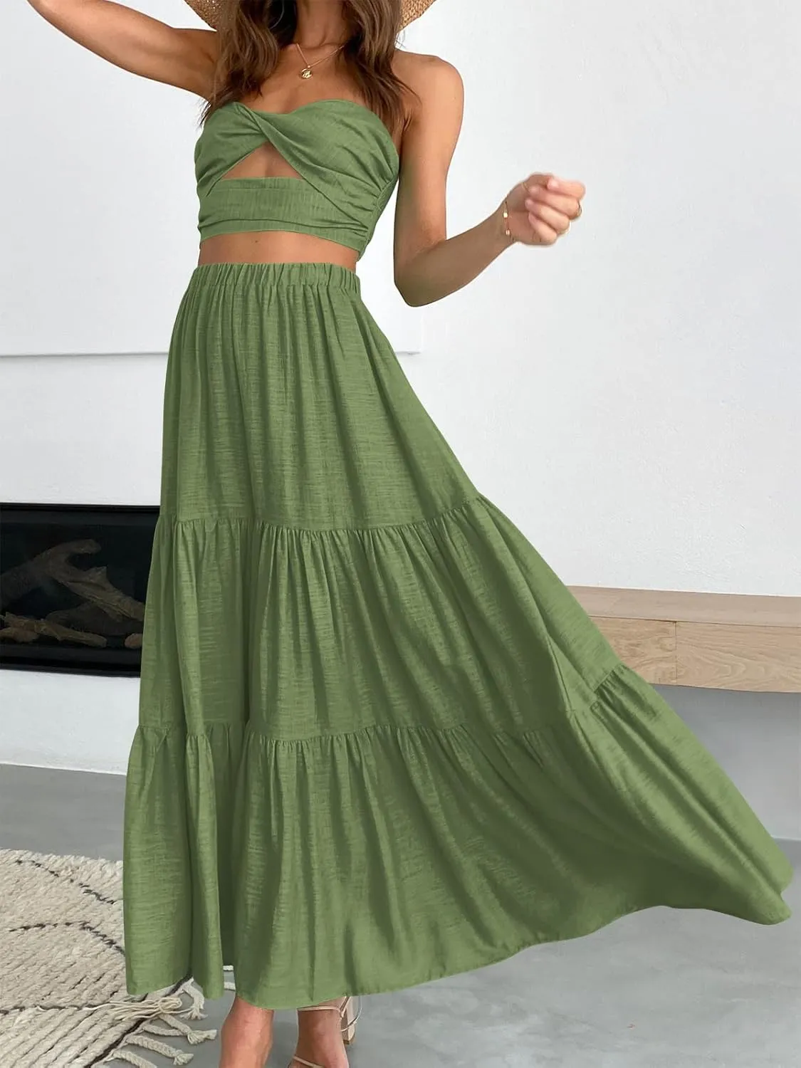 ANRABESS Womens Summer Boho Flowy Swing Tiered A-Line Maxi Skirt 2025 Fashion Trendy Elastic Waist Pleated Long Beach Dress