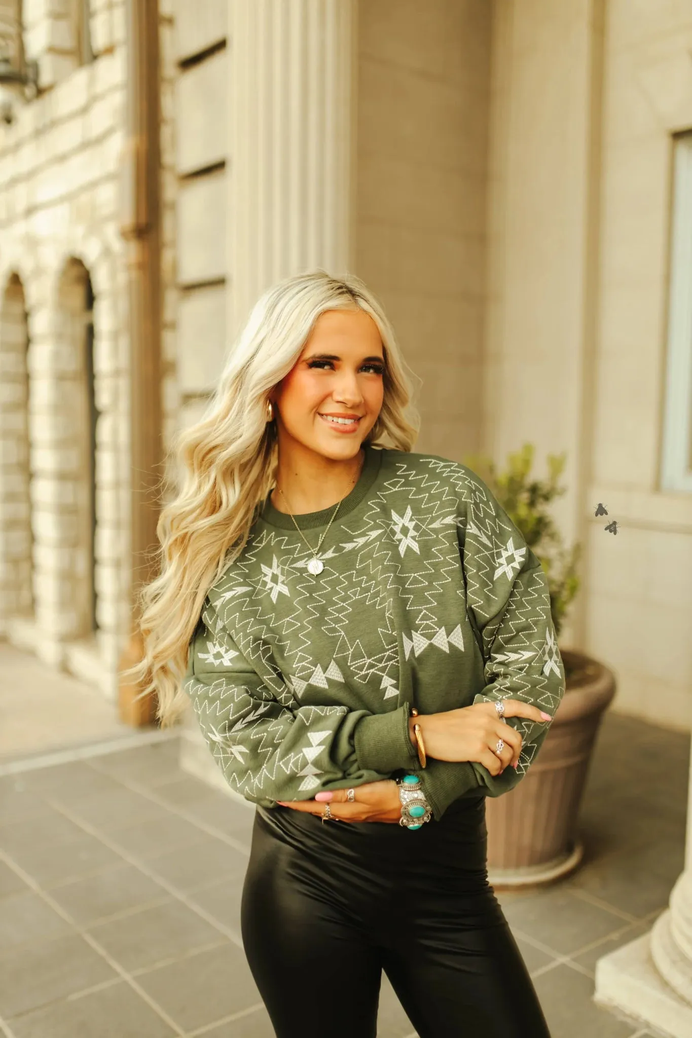 Aztec Embroidered Sweater - Agave