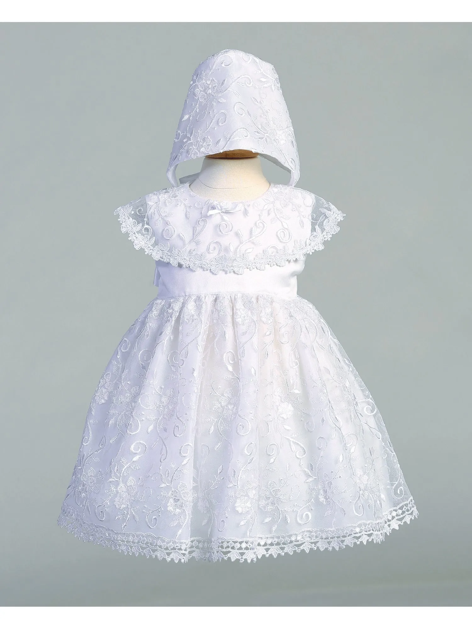 Baby Girls White Embroidered Tulle Bonnet Christening Gown 0-18 Months