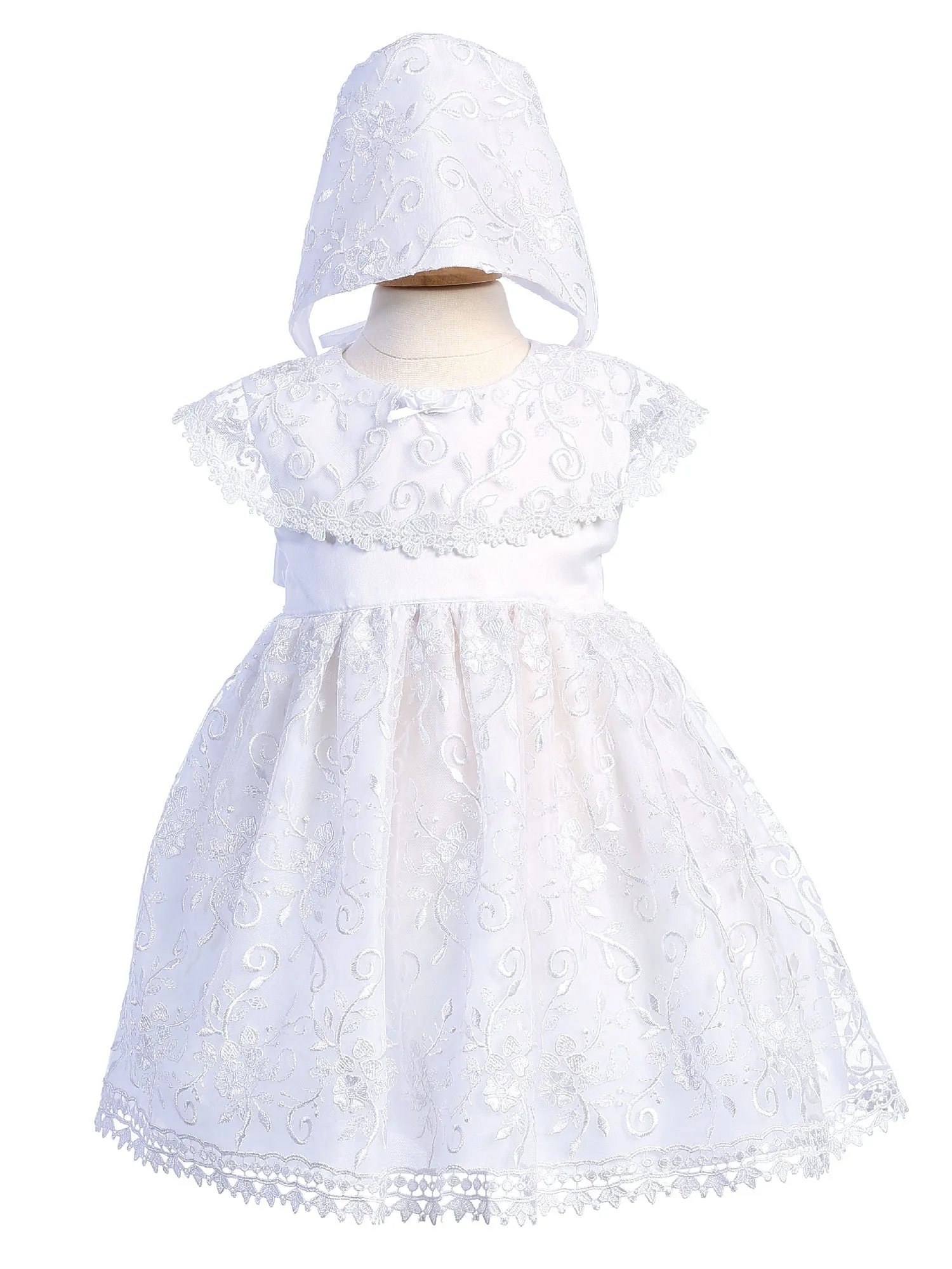 Baby Girls White Embroidered Tulle Bonnet Christening Gown 0-18 Months