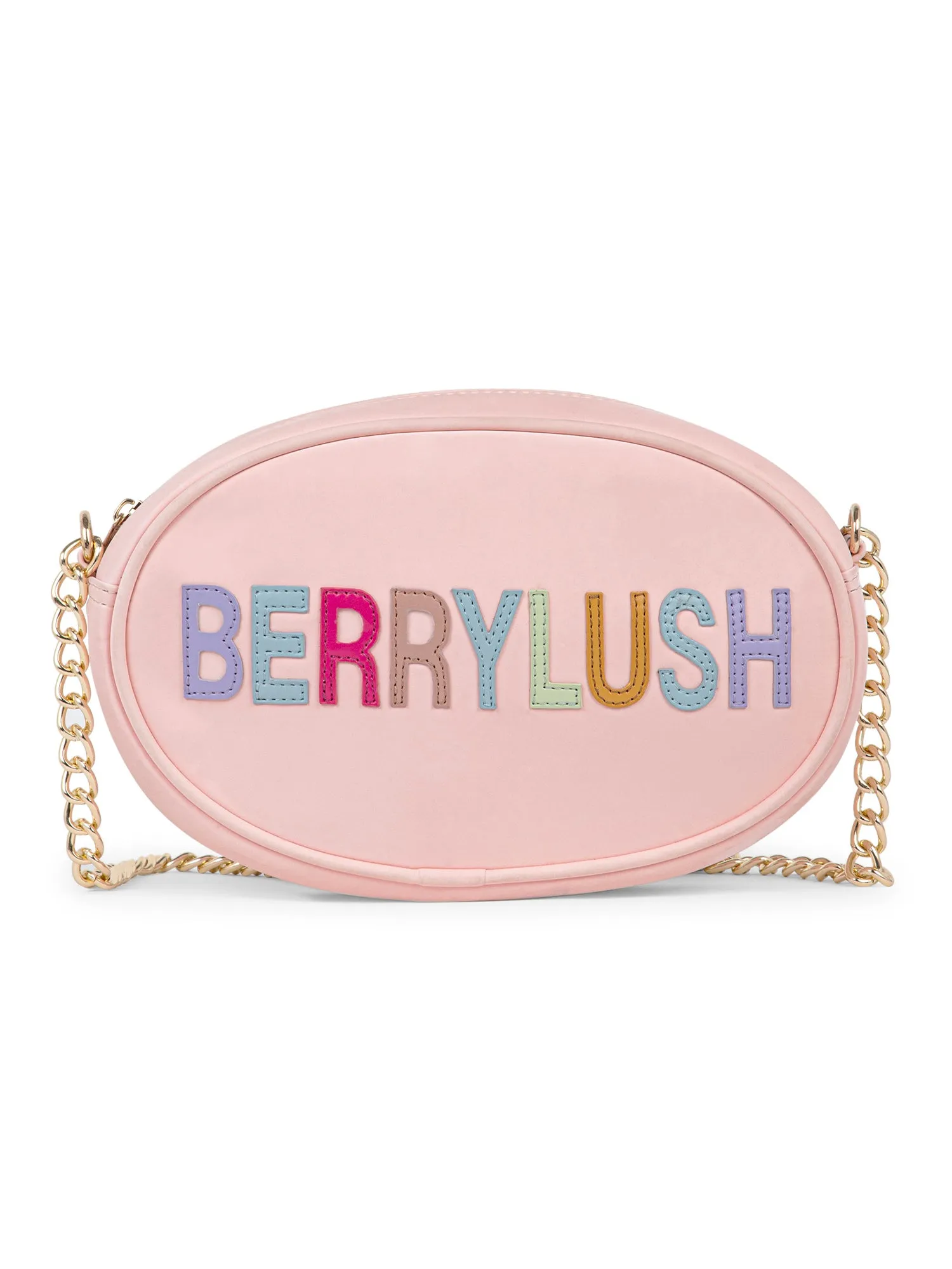 Berrylush Women Pink & Multicolour Typography Printed PU Detachable Strap Applique Embroidered Sling Bag
