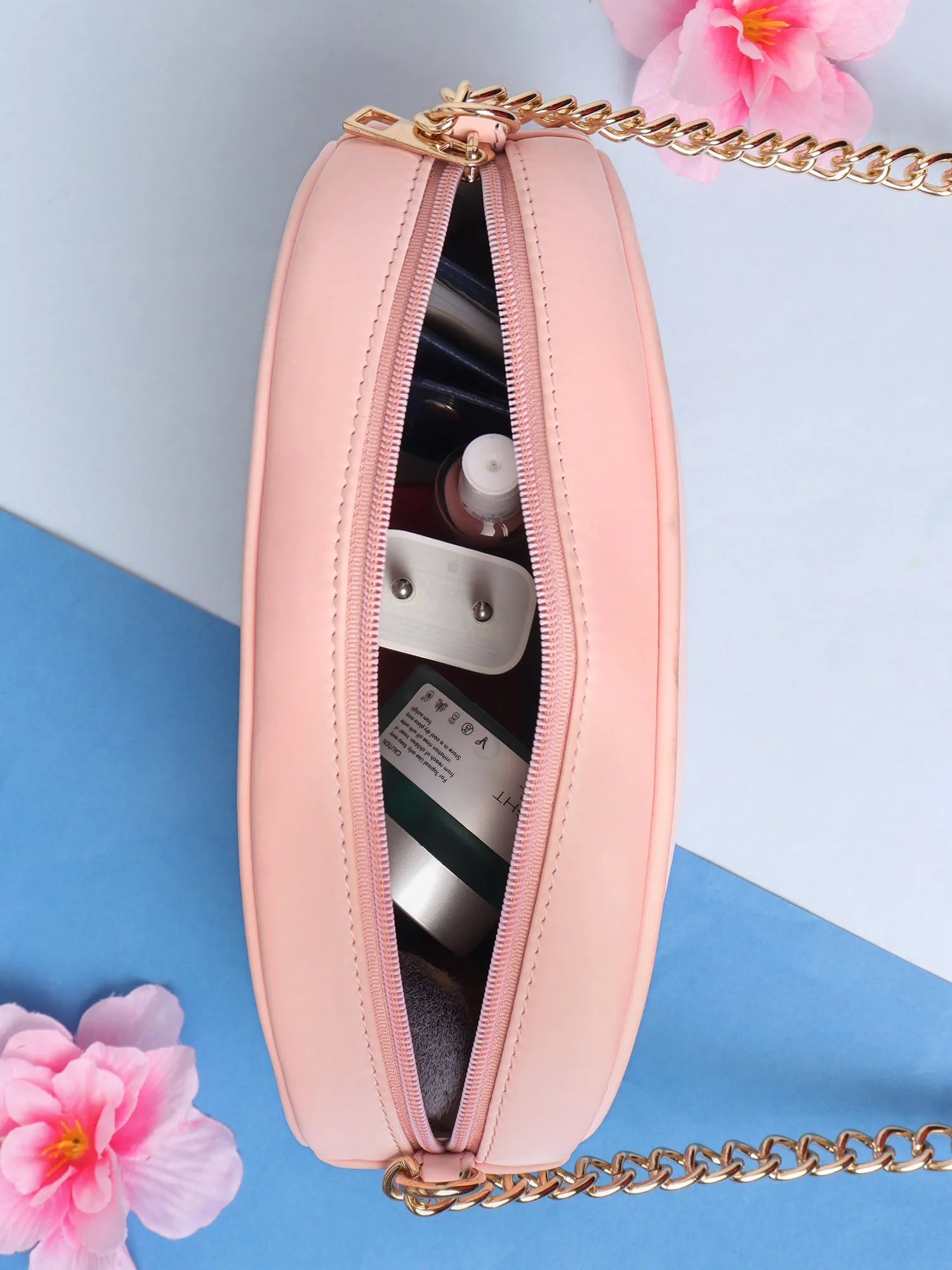 Berrylush Women Pink & Multicolour Typography Printed PU Detachable Strap Applique Embroidered Sling Bag