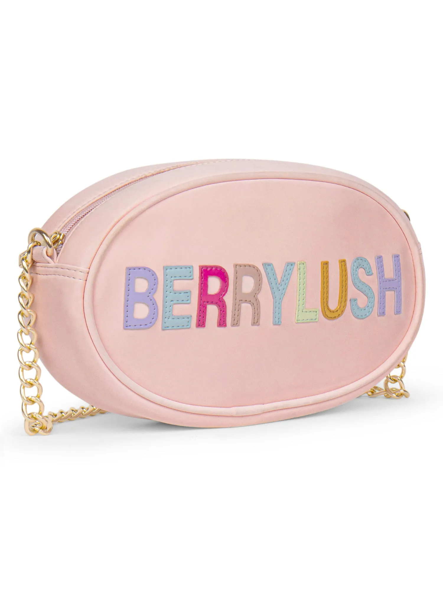 Berrylush Women Pink & Multicolour Typography Printed PU Detachable Strap Applique Embroidered Sling Bag