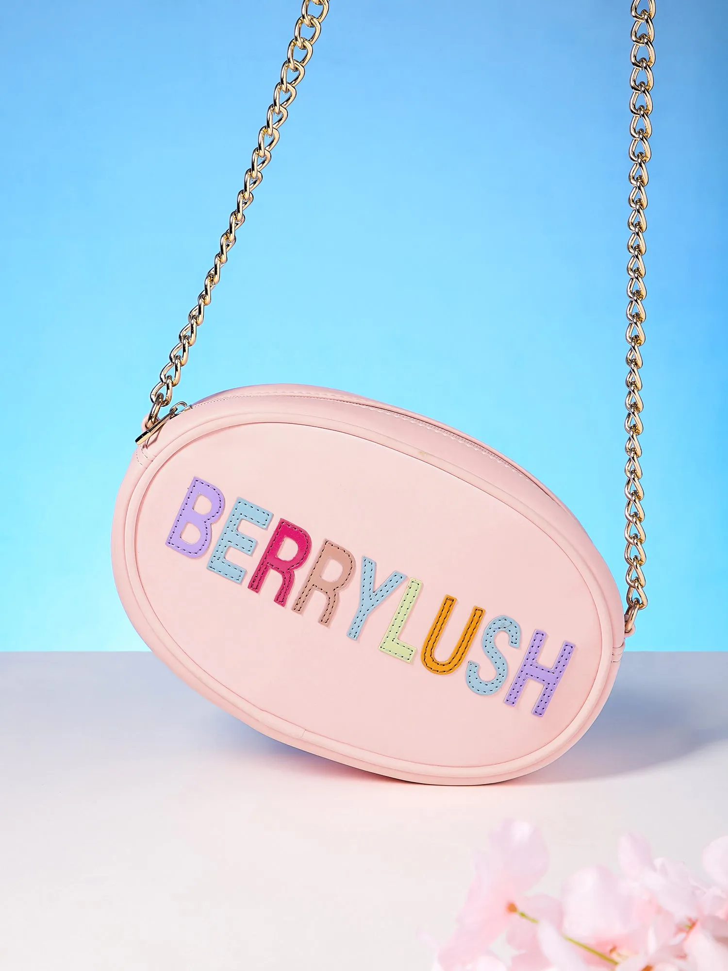 Berrylush Women Pink & Multicolour Typography Printed PU Detachable Strap Applique Embroidered Sling Bag
