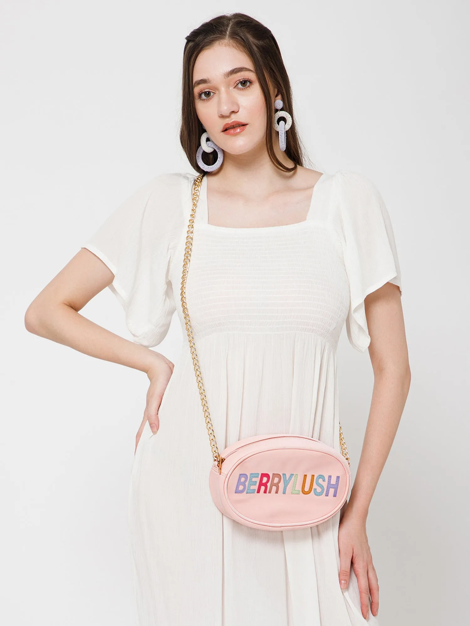 Berrylush Women Pink & Multicolour Typography Printed PU Detachable Strap Applique Embroidered Sling Bag