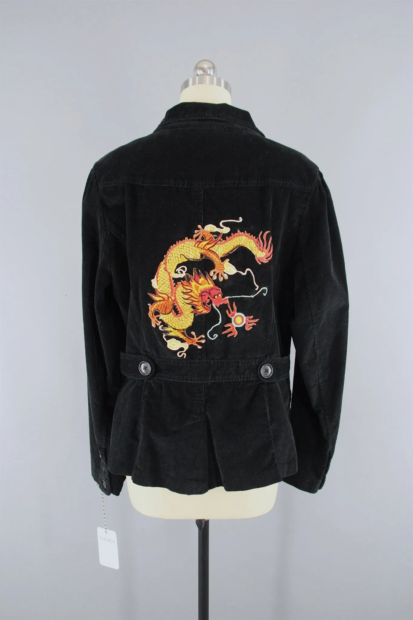 Black Corduroy Jacket with Golden Dragon Embroidered Patch