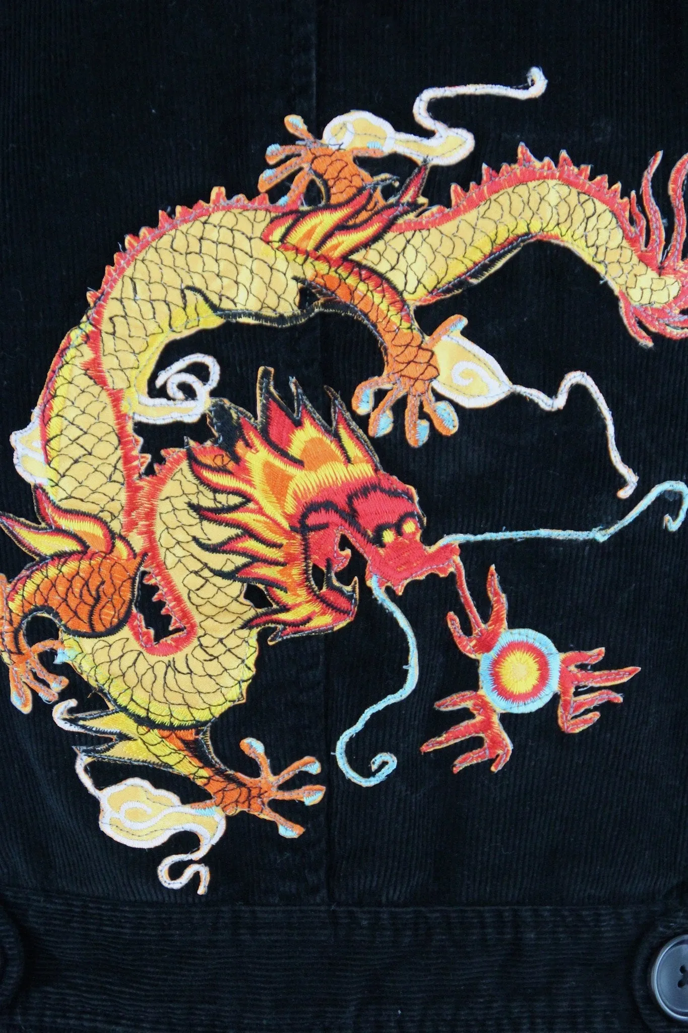 Black Corduroy Jacket with Golden Dragon Embroidered Patch