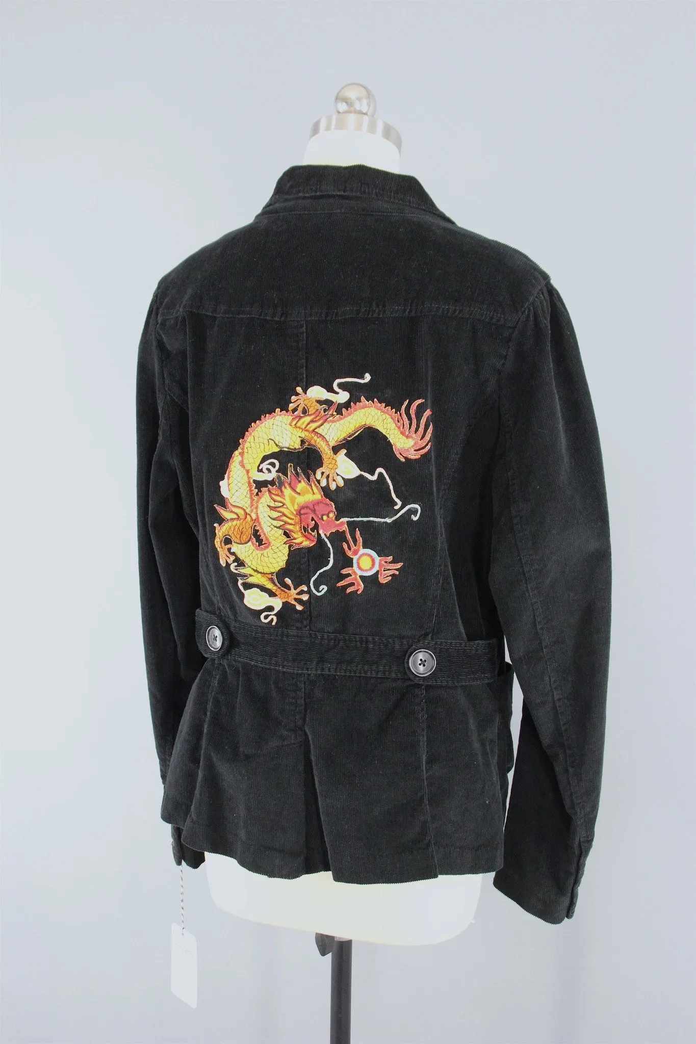 Black Corduroy Jacket with Golden Dragon Embroidered Patch