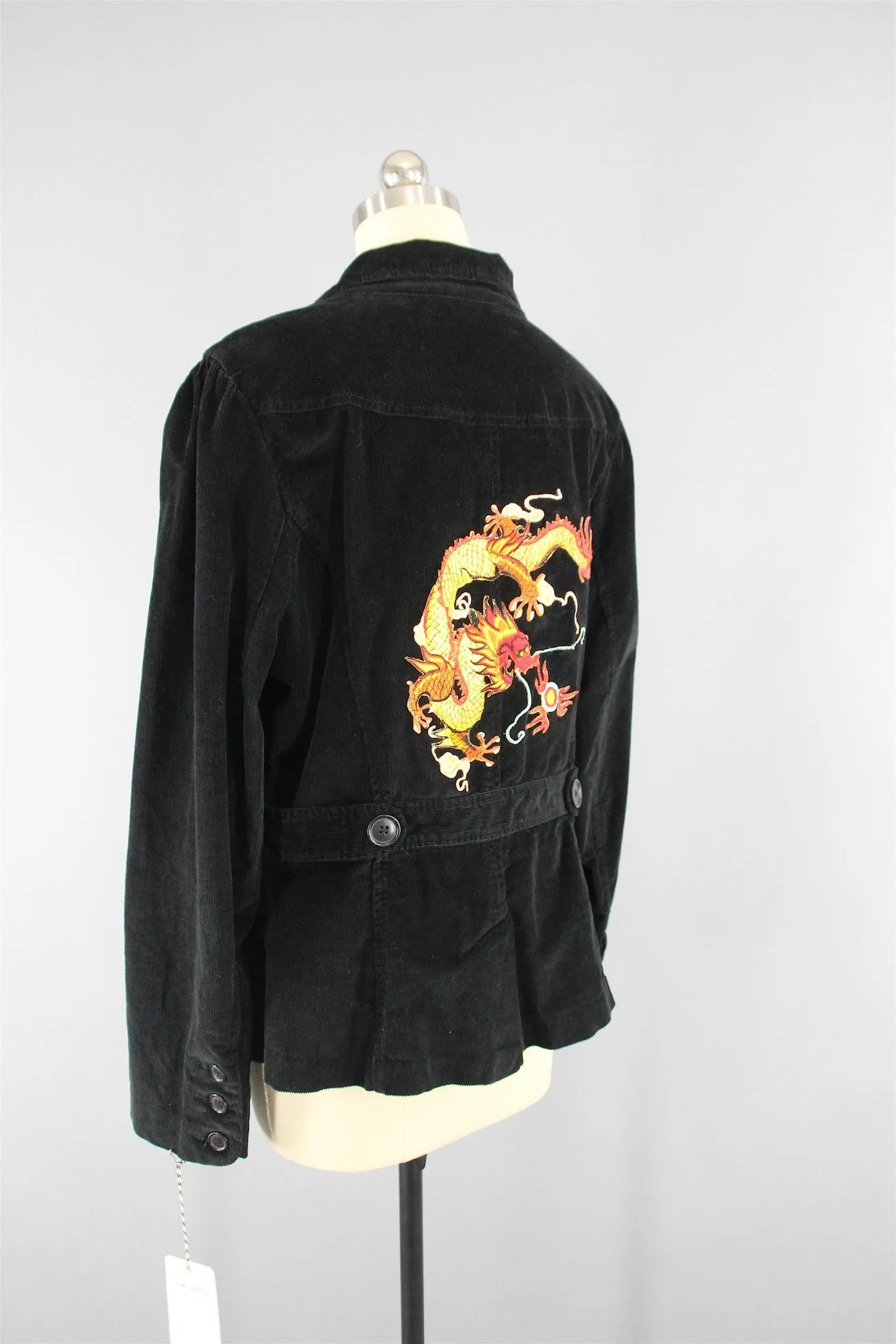 Black Corduroy Jacket with Golden Dragon Embroidered Patch