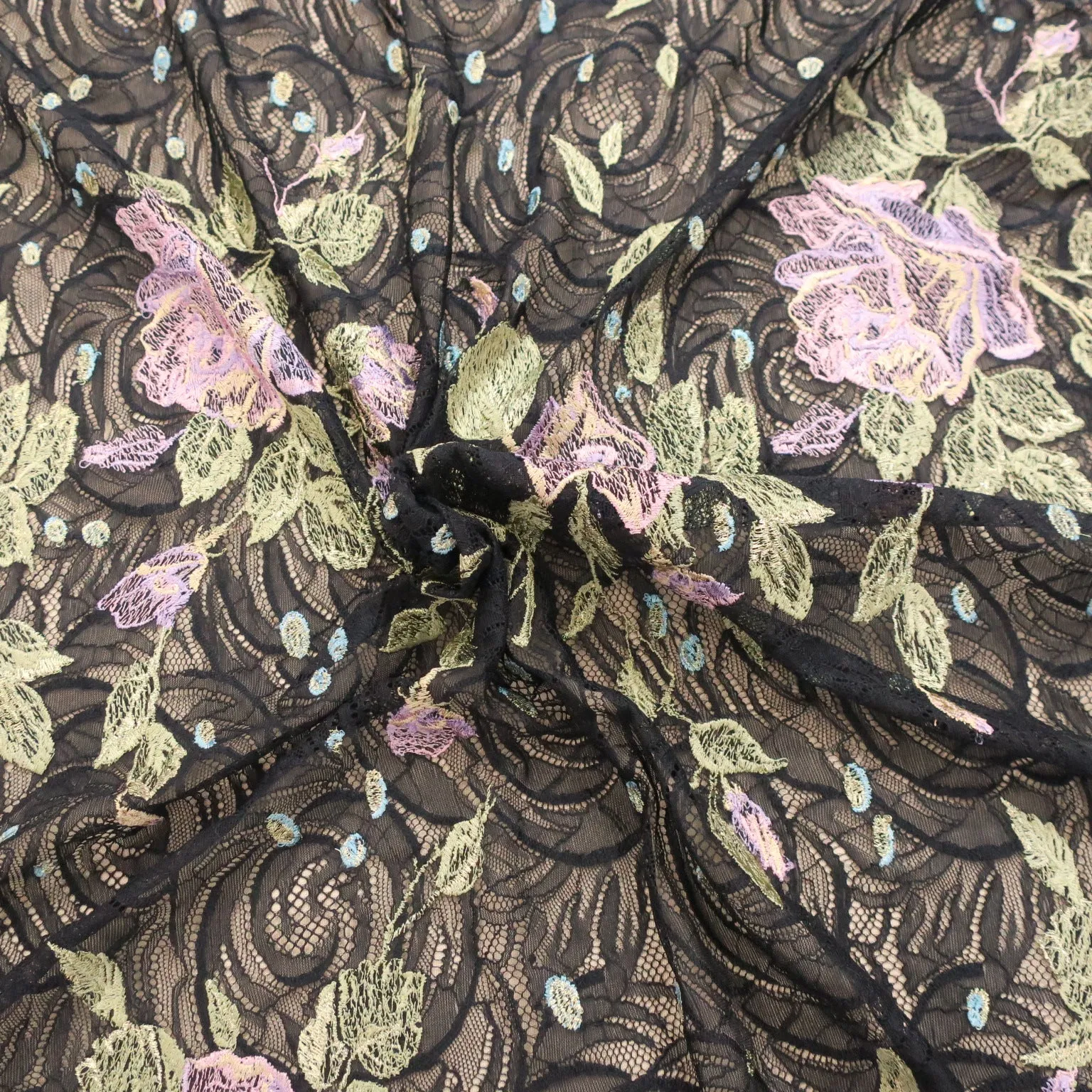 Black Tulle with Pink and Gold Floral Embroidered Fabric