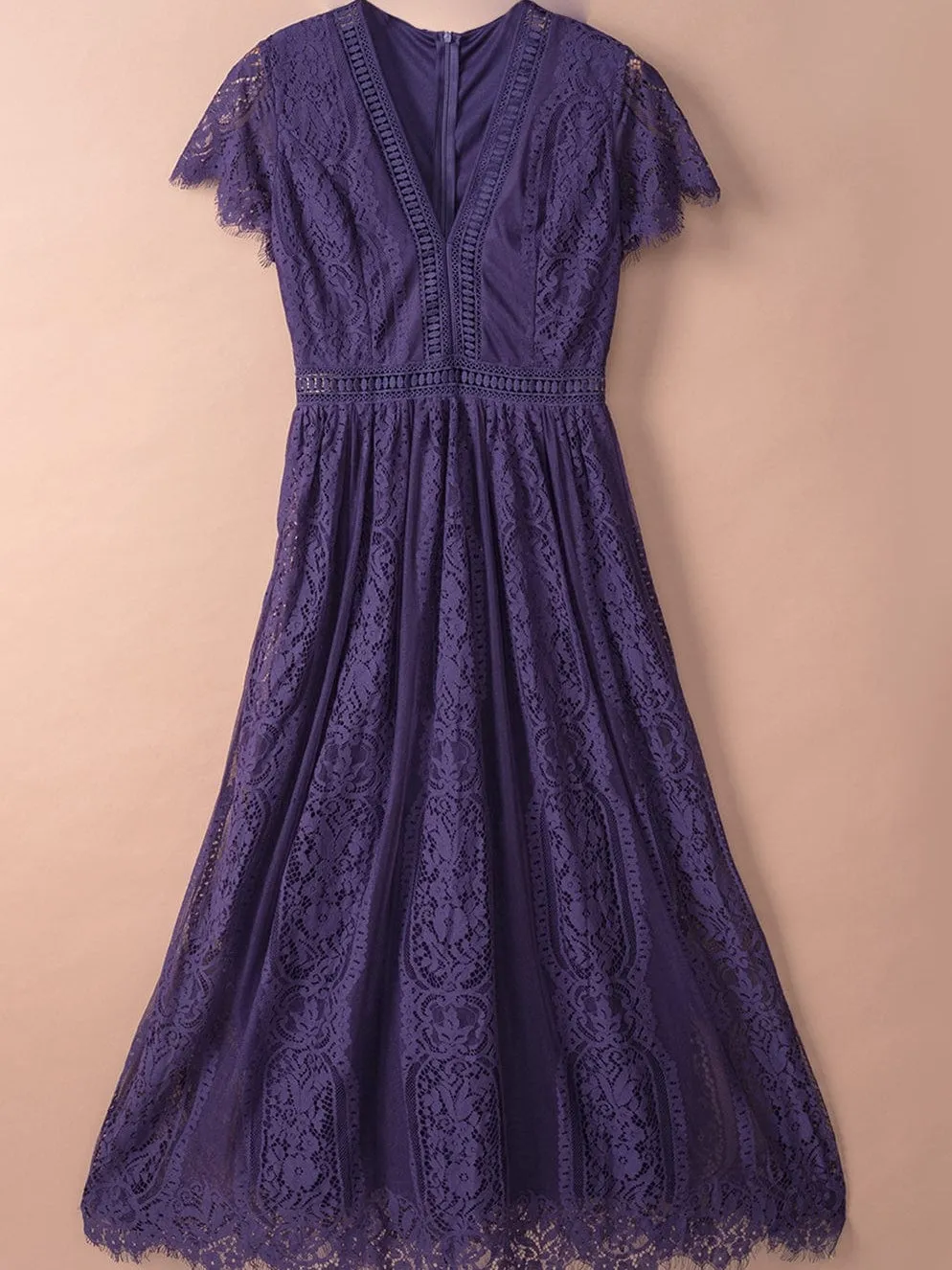 Blue Heart Lace Maxi Dress with Crochet Waistband