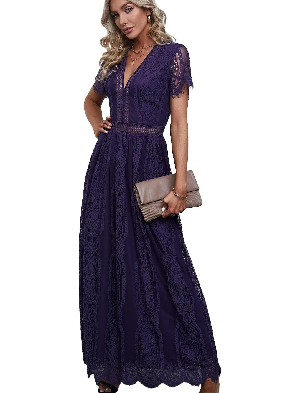 Blue Heart Lace Maxi Dress with Crochet Waistband