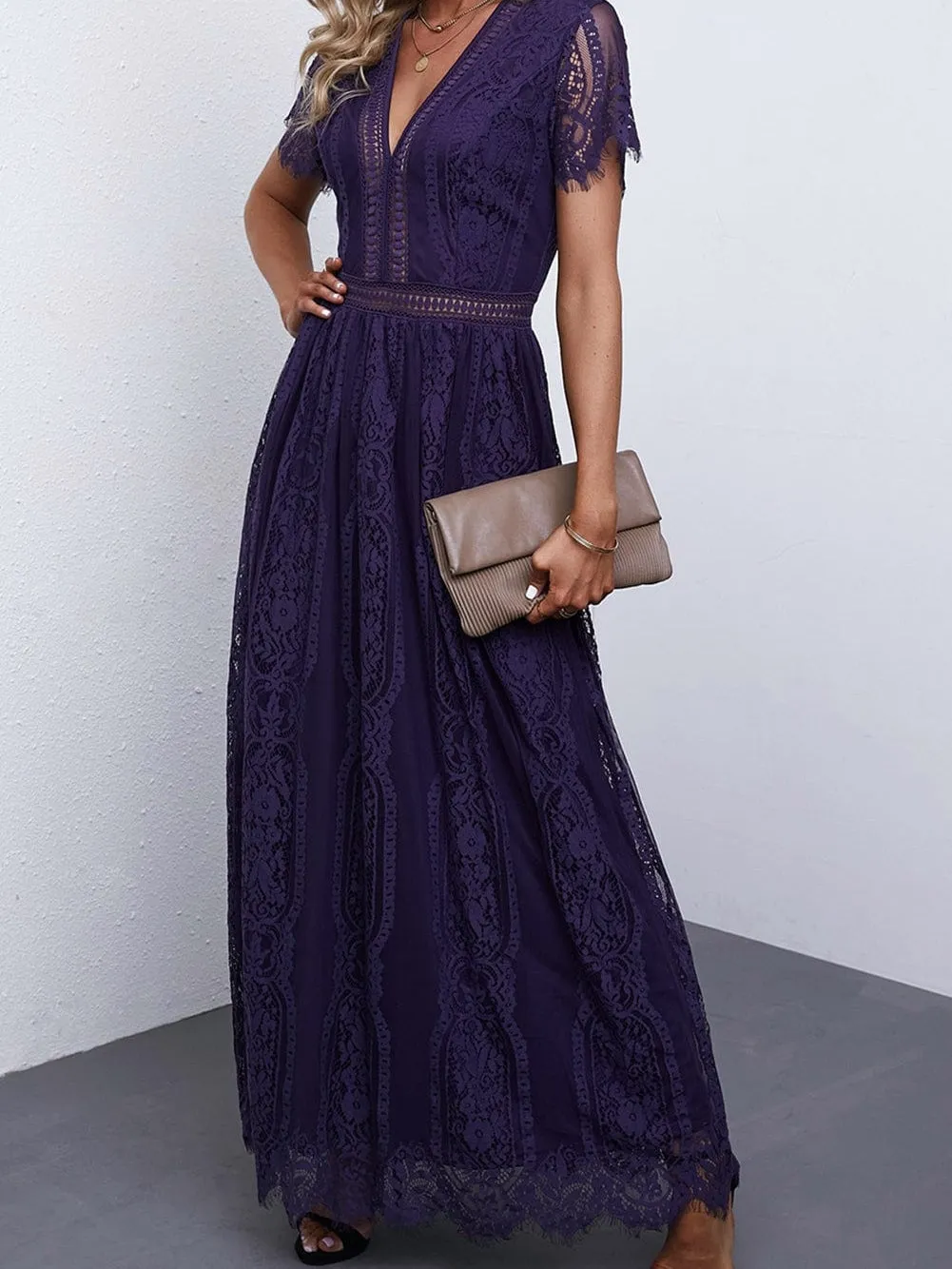 Blue Heart Lace Maxi Dress with Crochet Waistband