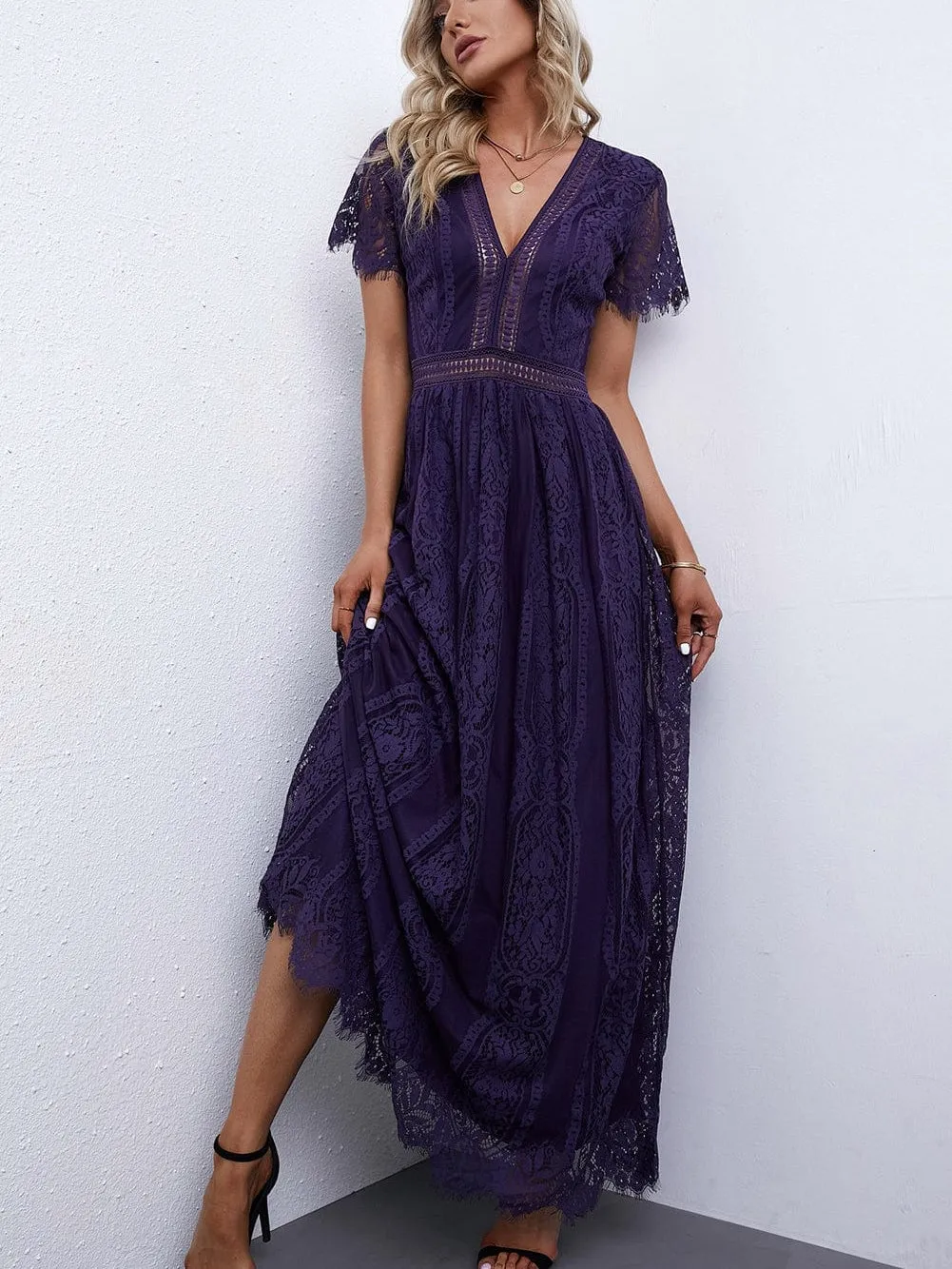 Blue Heart Lace Maxi Dress with Crochet Waistband