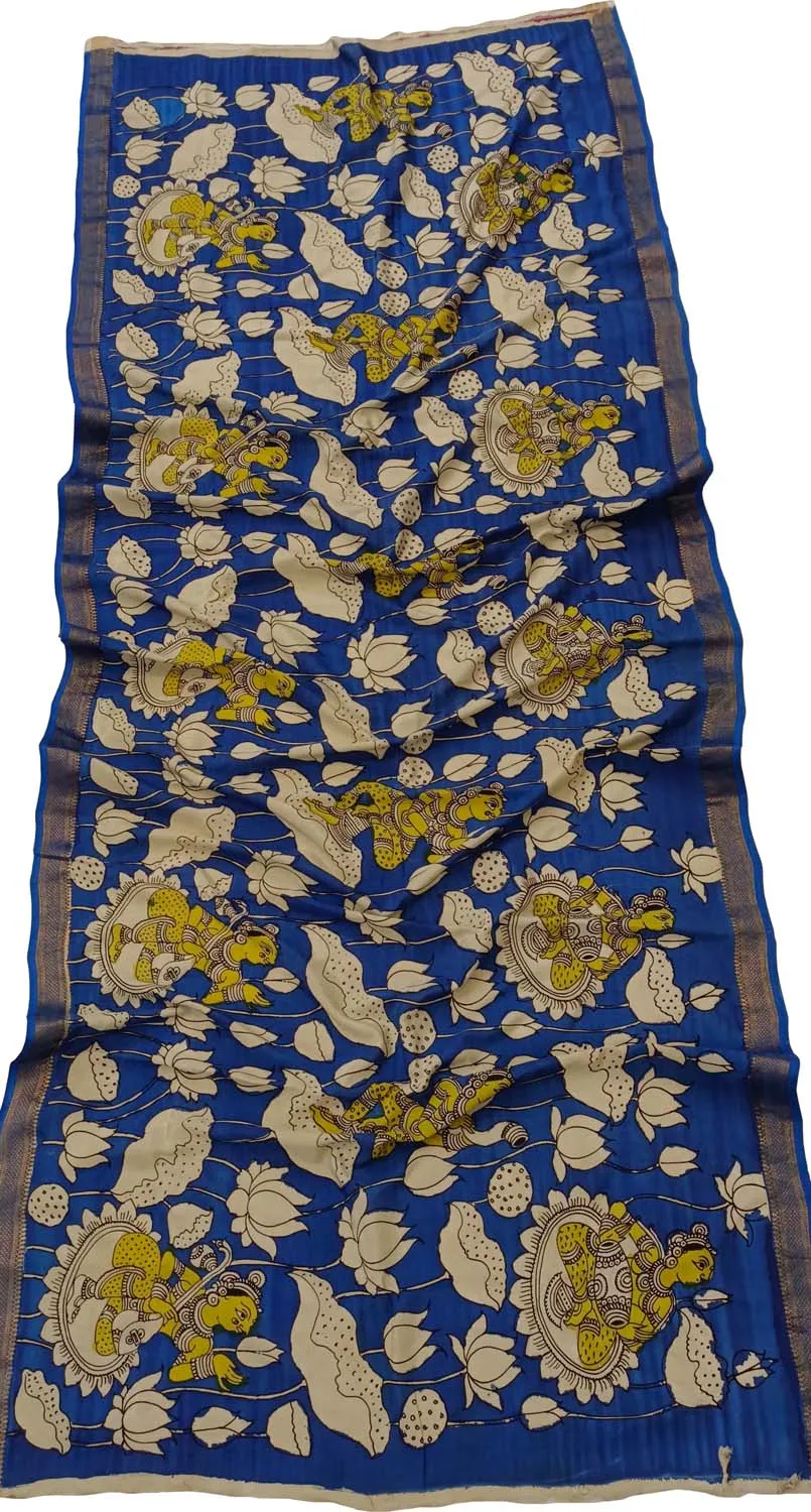 Blue Kalamkari Hand Painted Mangalagiri Silk Dupatta