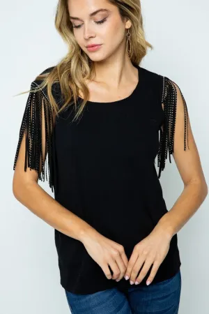 Cap Sleeve Knit Top with Studded Fringes on Shoulders