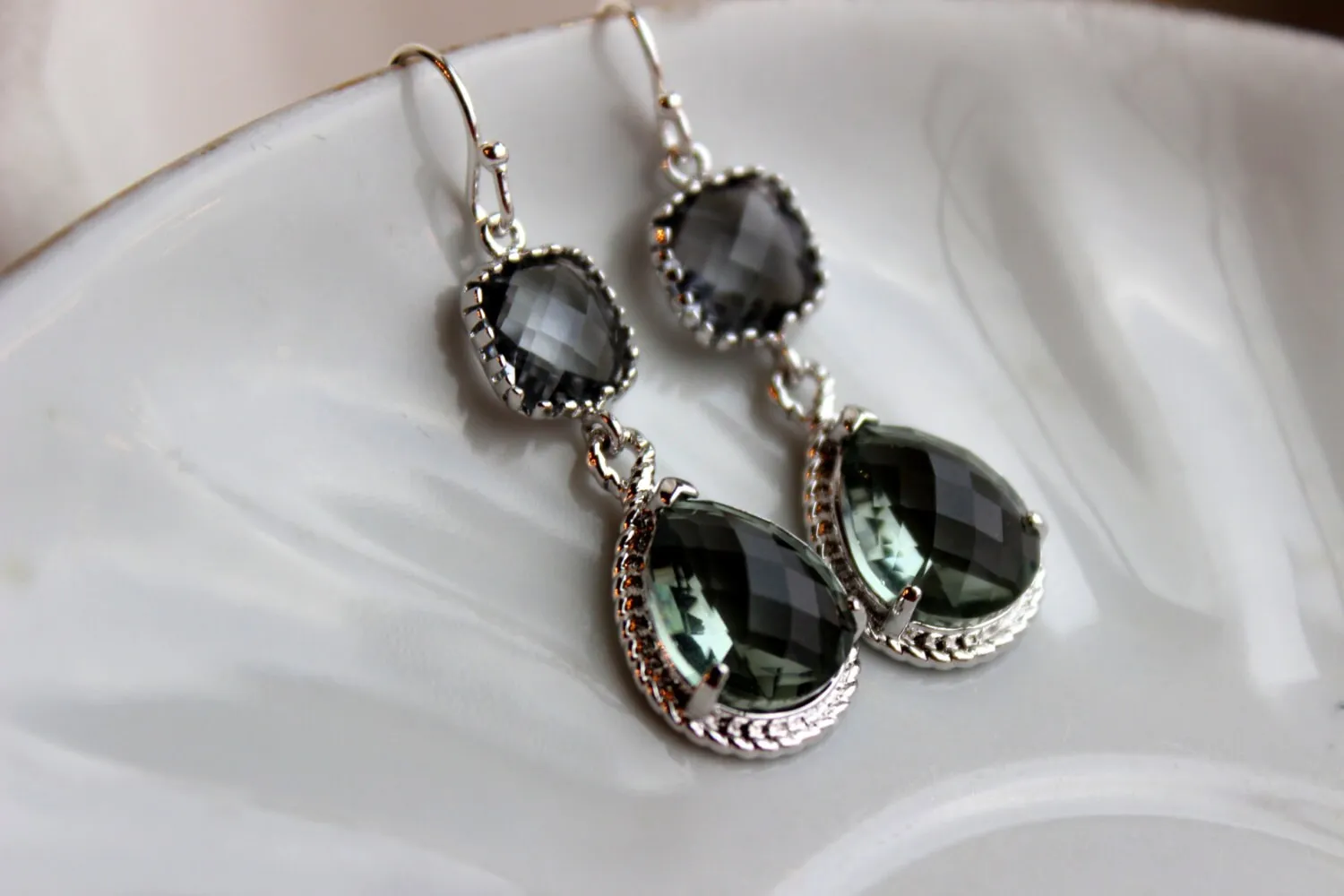 Charcoal Gray Earrings Silver Earrings Teardrop Glass Two Tier - Pewter Bridesmaid Earrings Wedding Earrings Gray Grey Wedding Jewelry