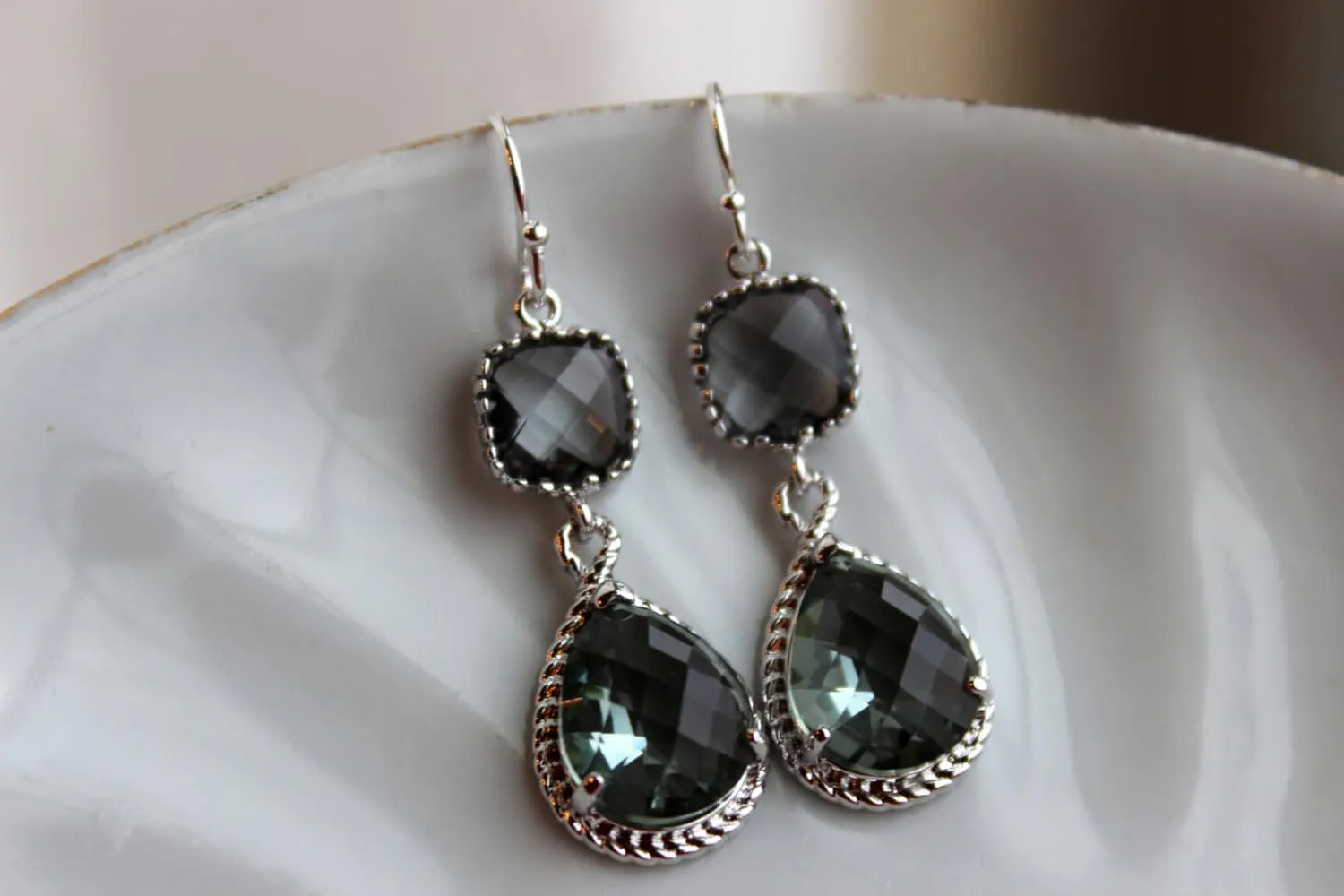 Charcoal Gray Earrings Silver Earrings Teardrop Glass Two Tier - Pewter Bridesmaid Earrings Wedding Earrings Gray Grey Wedding Jewelry