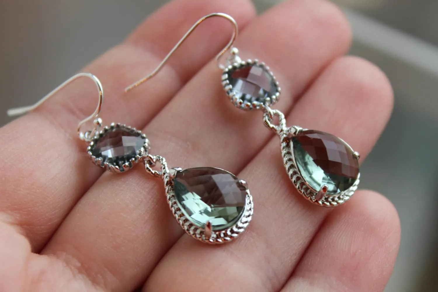 Charcoal Gray Earrings Silver Earrings Teardrop Glass Two Tier - Pewter Bridesmaid Earrings Wedding Earrings Gray Grey Wedding Jewelry