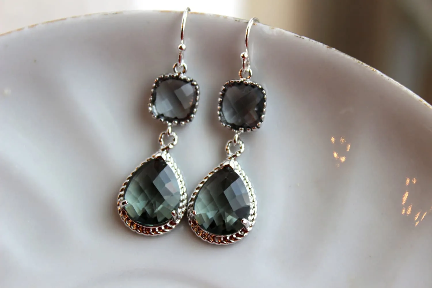 Charcoal Gray Earrings Silver Earrings Teardrop Glass Two Tier - Pewter Bridesmaid Earrings Wedding Earrings Gray Grey Wedding Jewelry