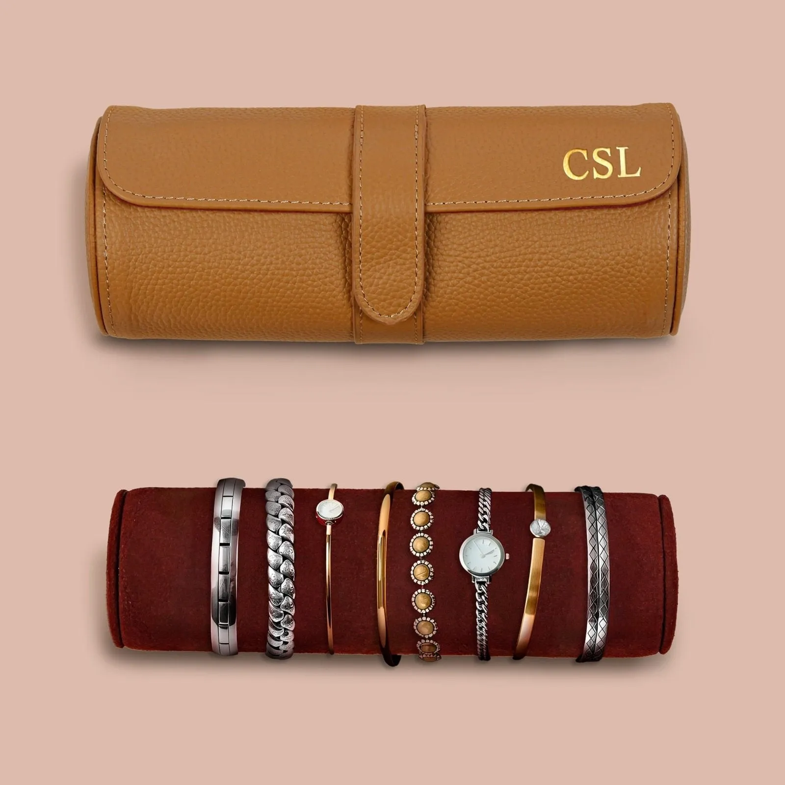 Durham Custom Leather Jewelry, Bracelet & Watch Roll for Travel - British Tan