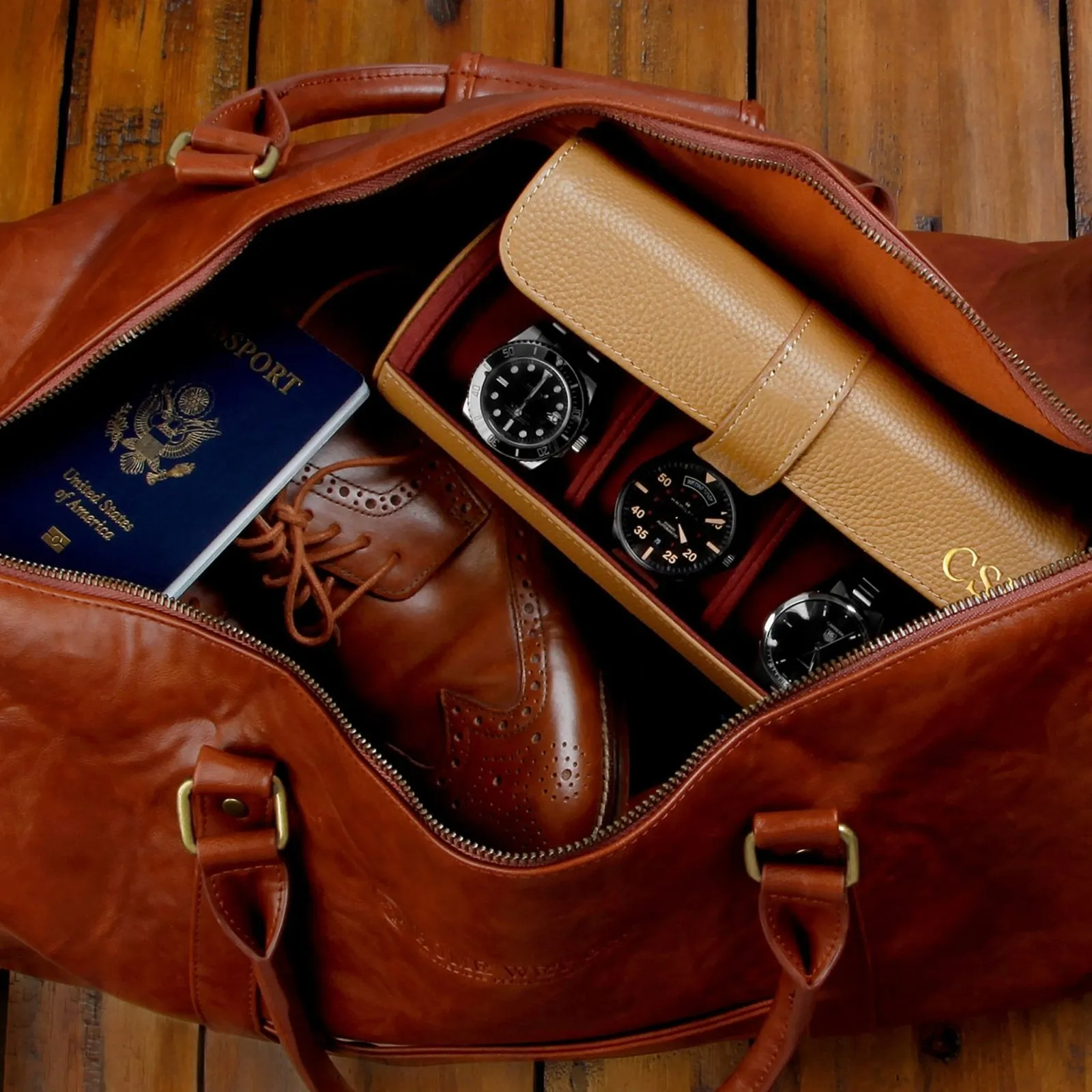 Durham Custom Leather Jewelry, Bracelet & Watch Roll for Travel - British Tan