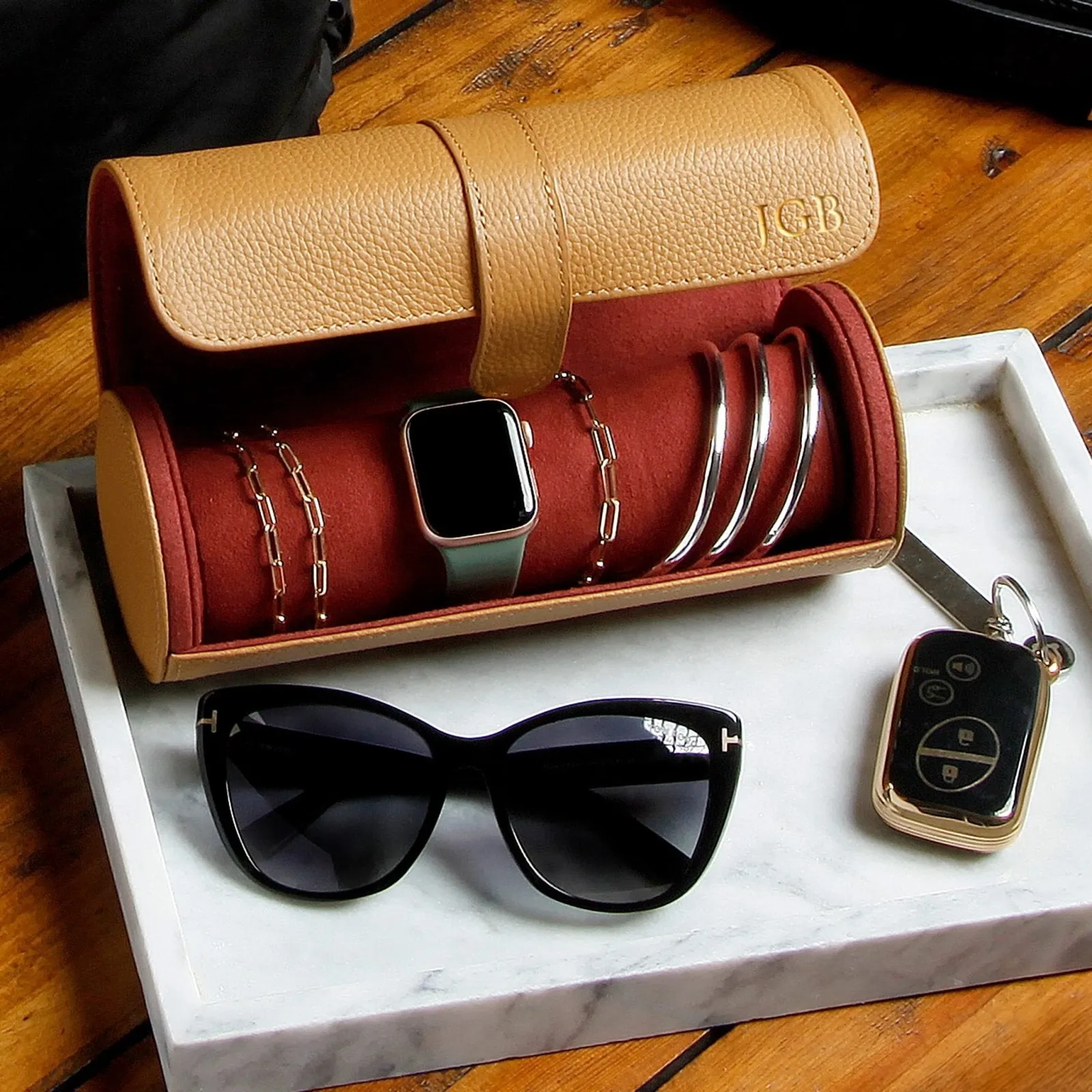 Durham Custom Leather Jewelry, Bracelet & Watch Roll for Travel - British Tan