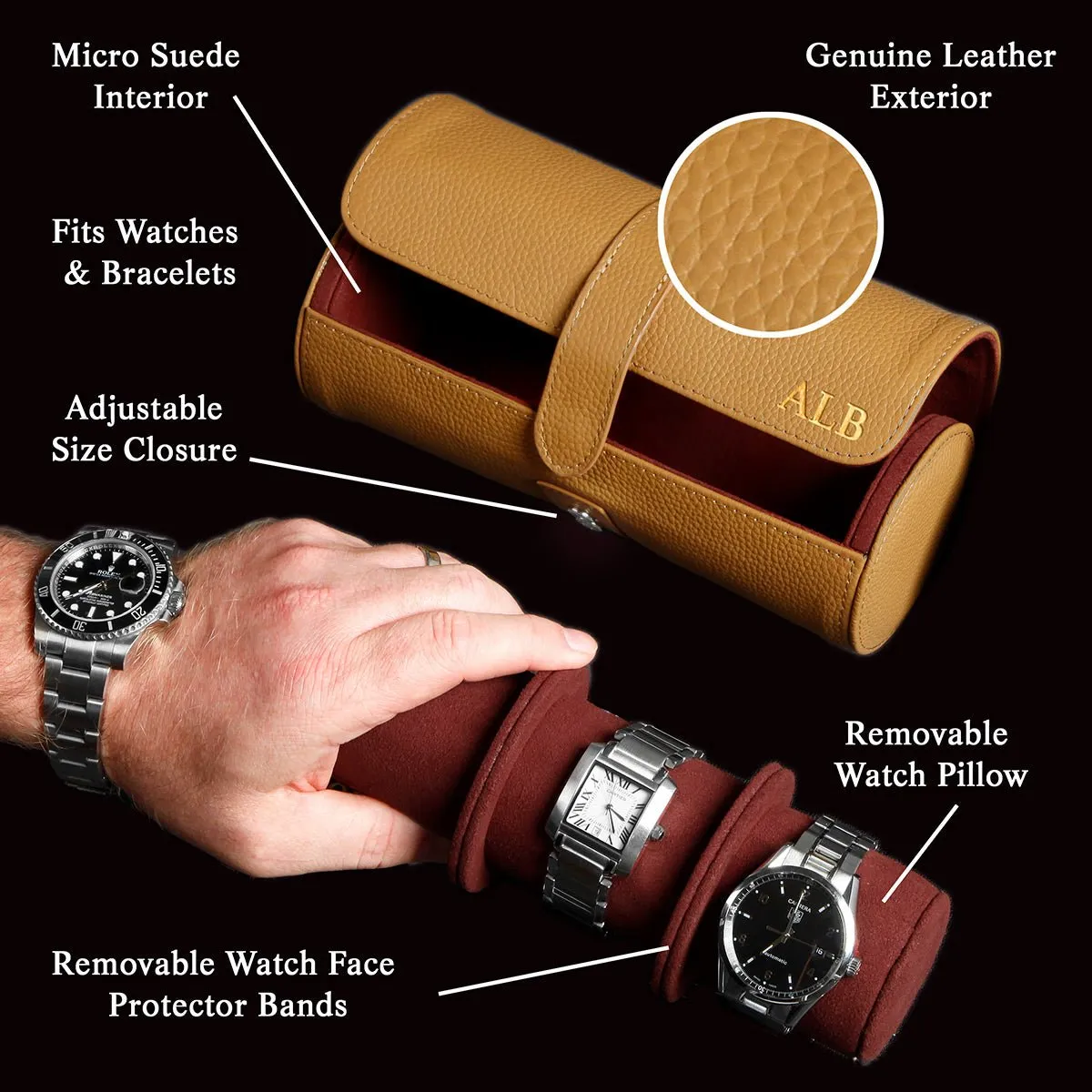 Durham Custom Leather Jewelry, Bracelet & Watch Roll for Travel - British Tan