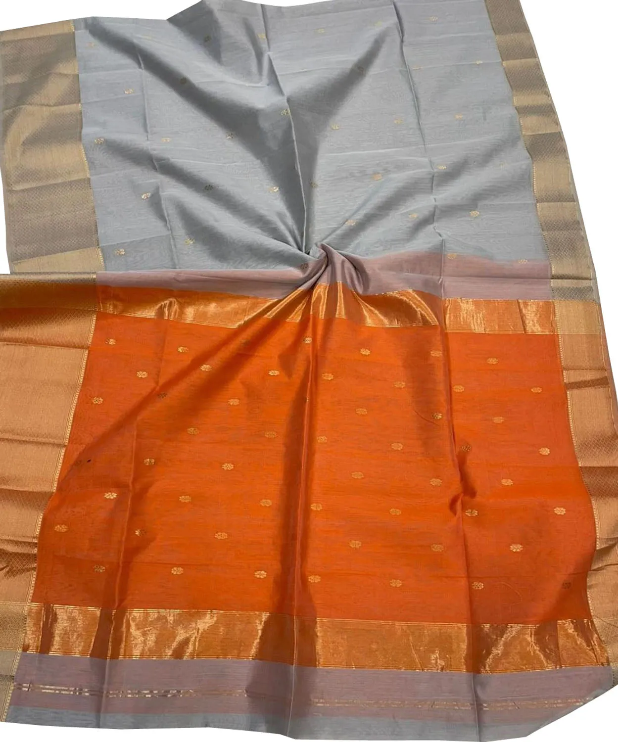 Elegant Grey & Orange Maheshwari Silk Saree