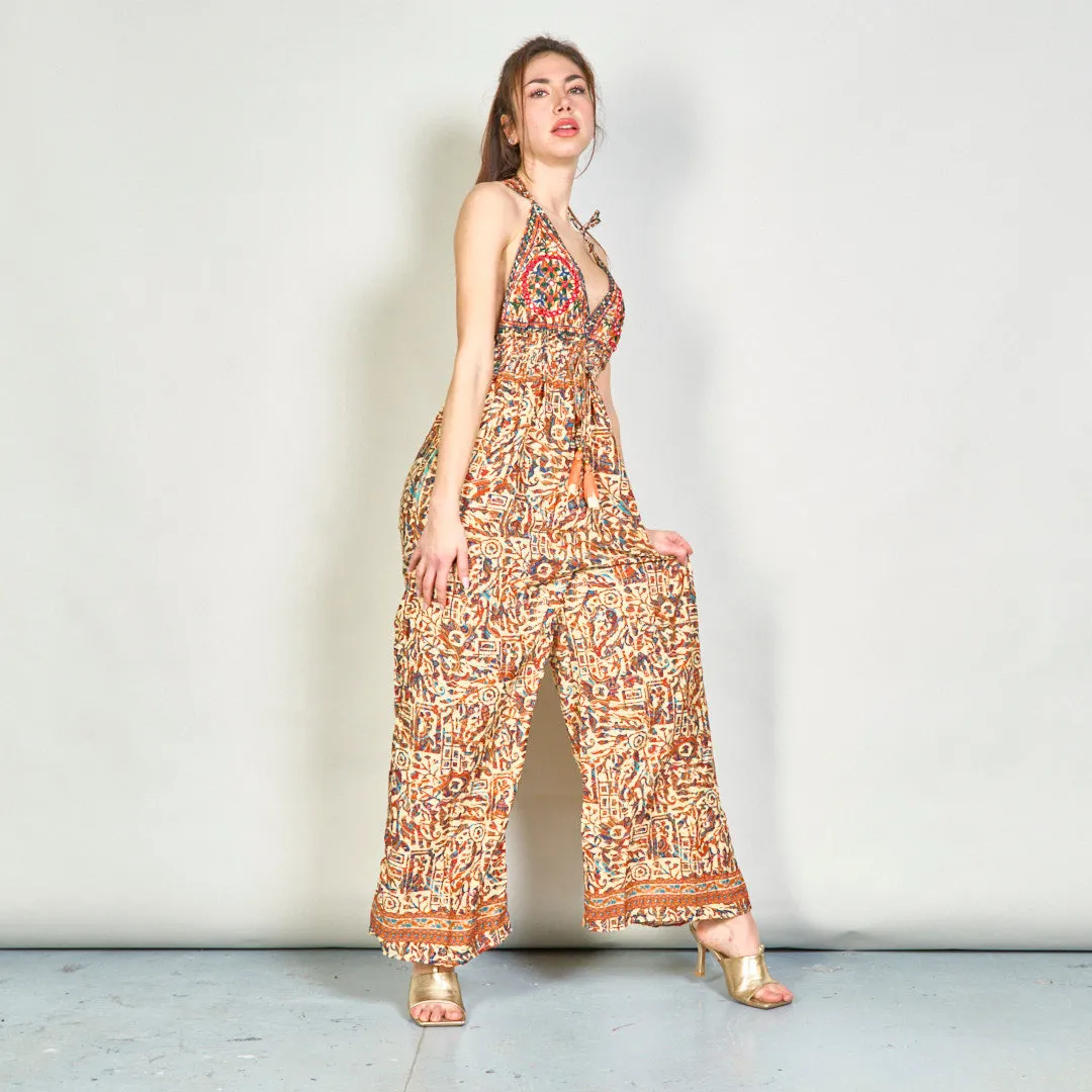 Embroidered boho jumpsuit with tassel accents wholesale
