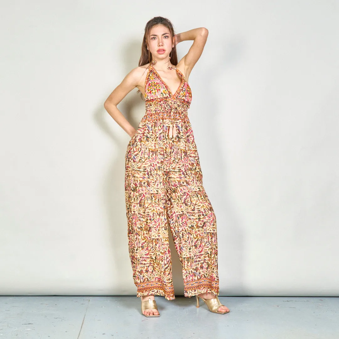 Embroidered boho jumpsuit with tassel accents wholesale