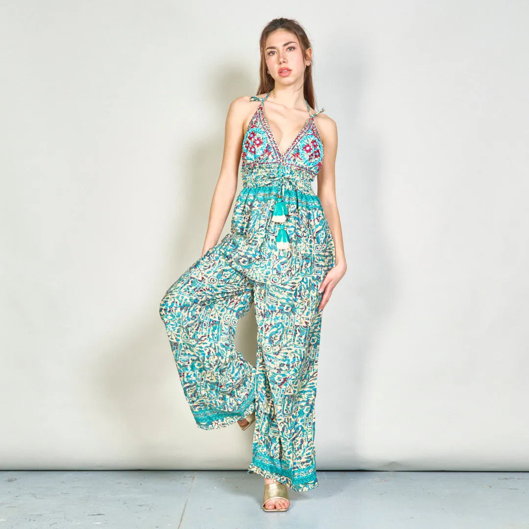 Embroidered boho jumpsuit with tassel accents wholesale