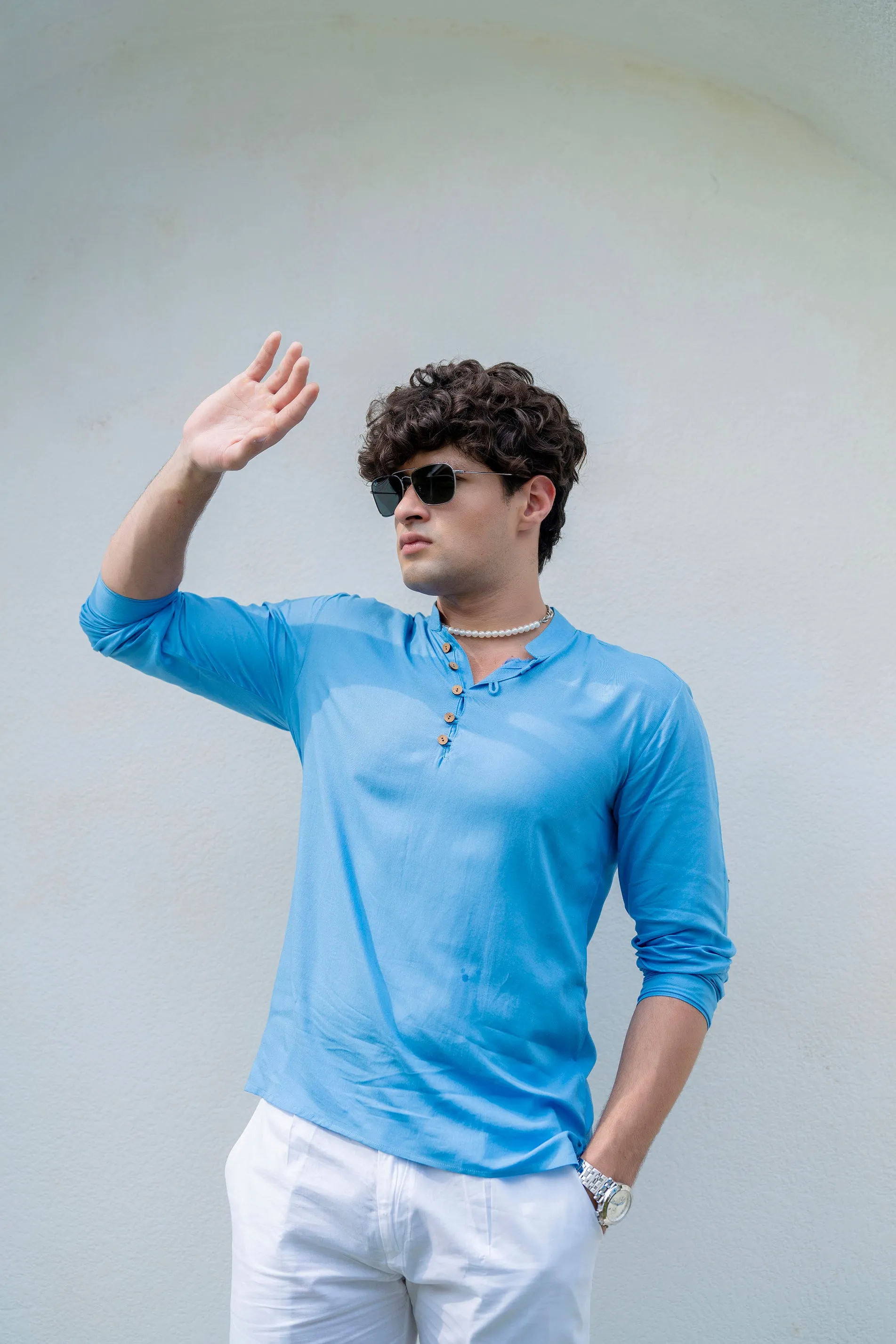 Firangi Yarn Men's Solid Azure Blue Short Kurta with Neck Detailing and Full Sleeves