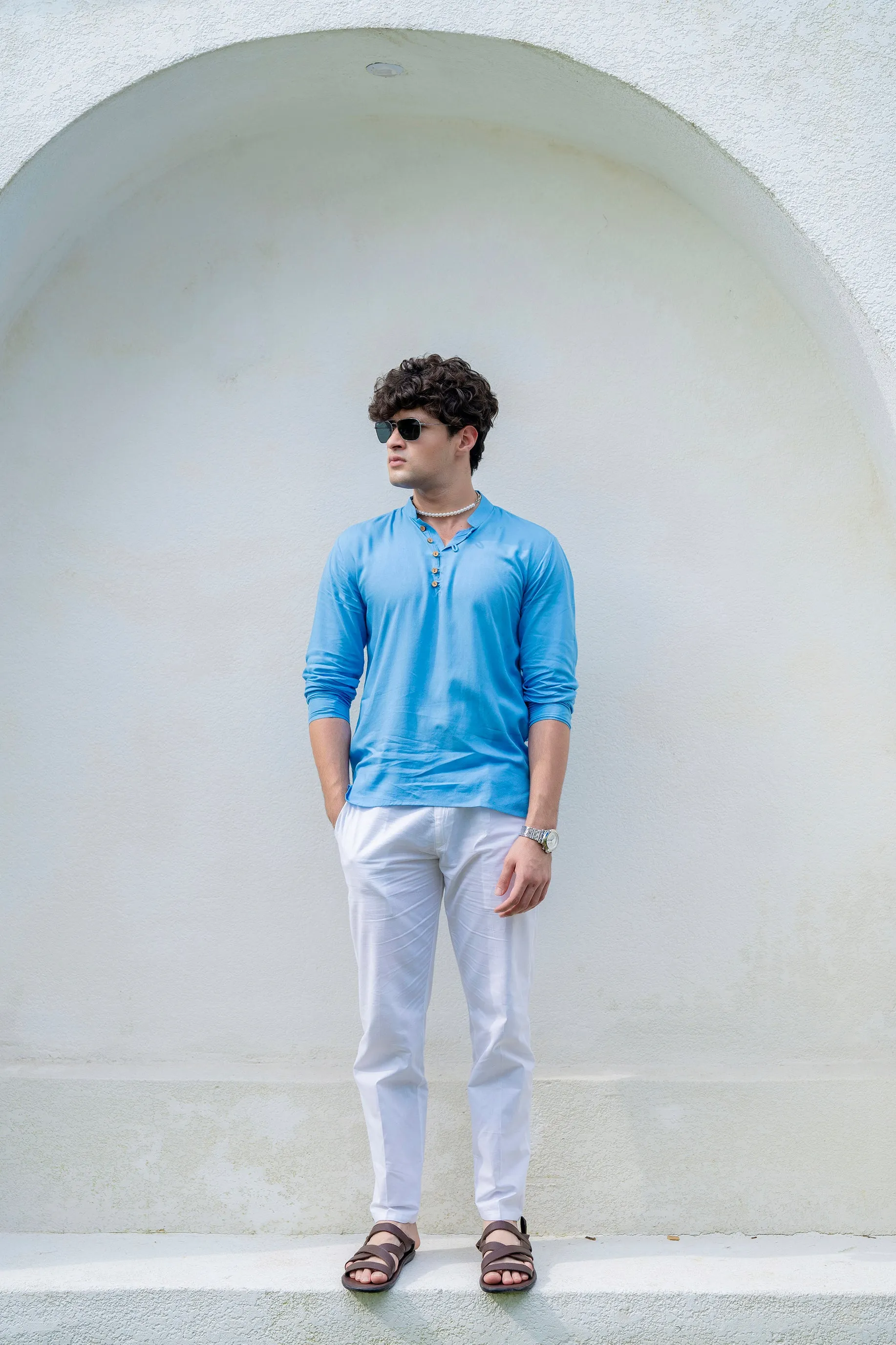 Firangi Yarn Men's Solid Azure Blue Short Kurta with Neck Detailing and Full Sleeves