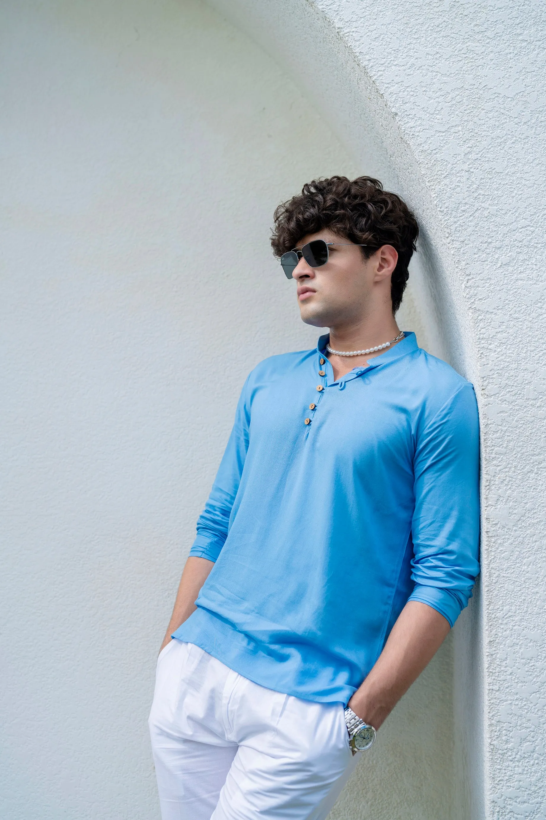 Firangi Yarn Men's Solid Azure Blue Short Kurta with Neck Detailing and Full Sleeves
