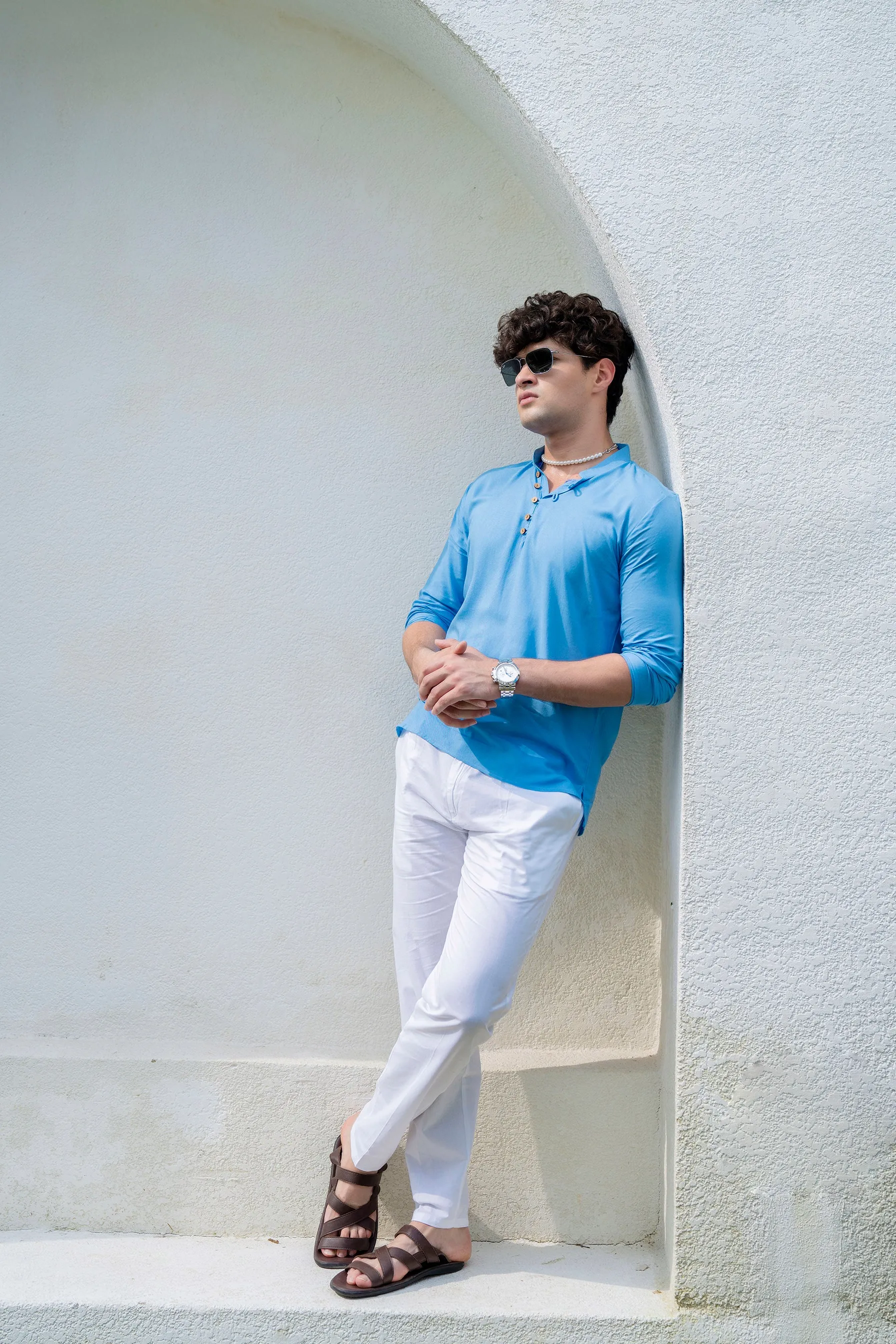 Firangi Yarn Men's Solid Azure Blue Short Kurta with Neck Detailing and Full Sleeves