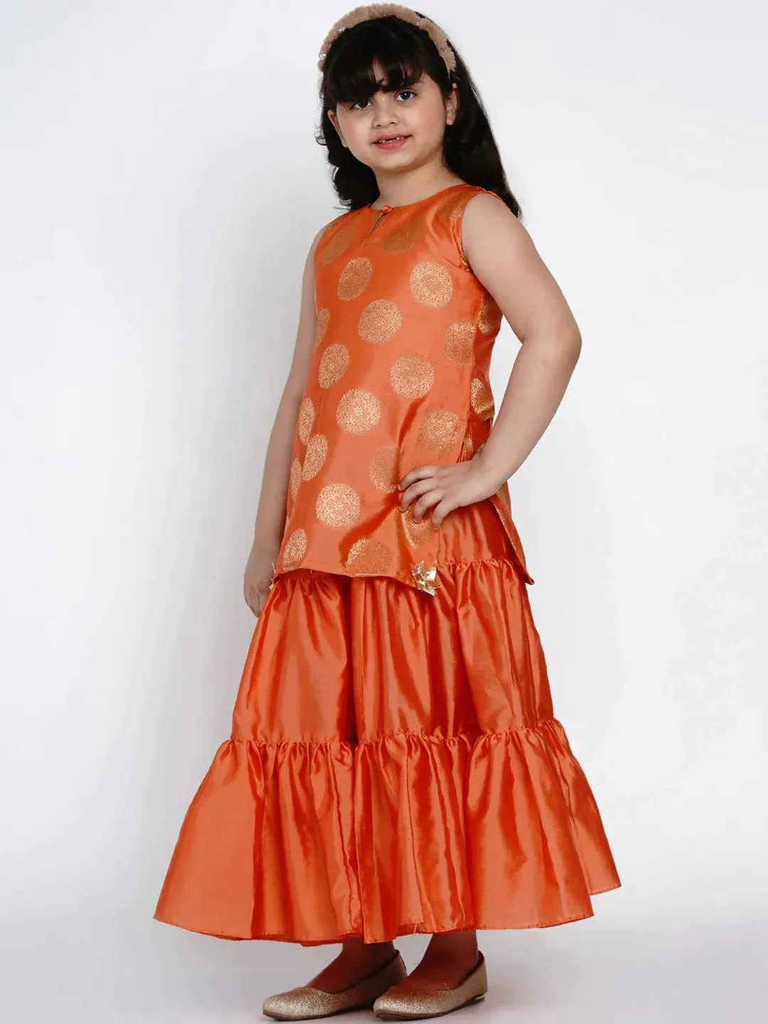 Girls Orange Embroidered Kurti With Sharara & Dupatta